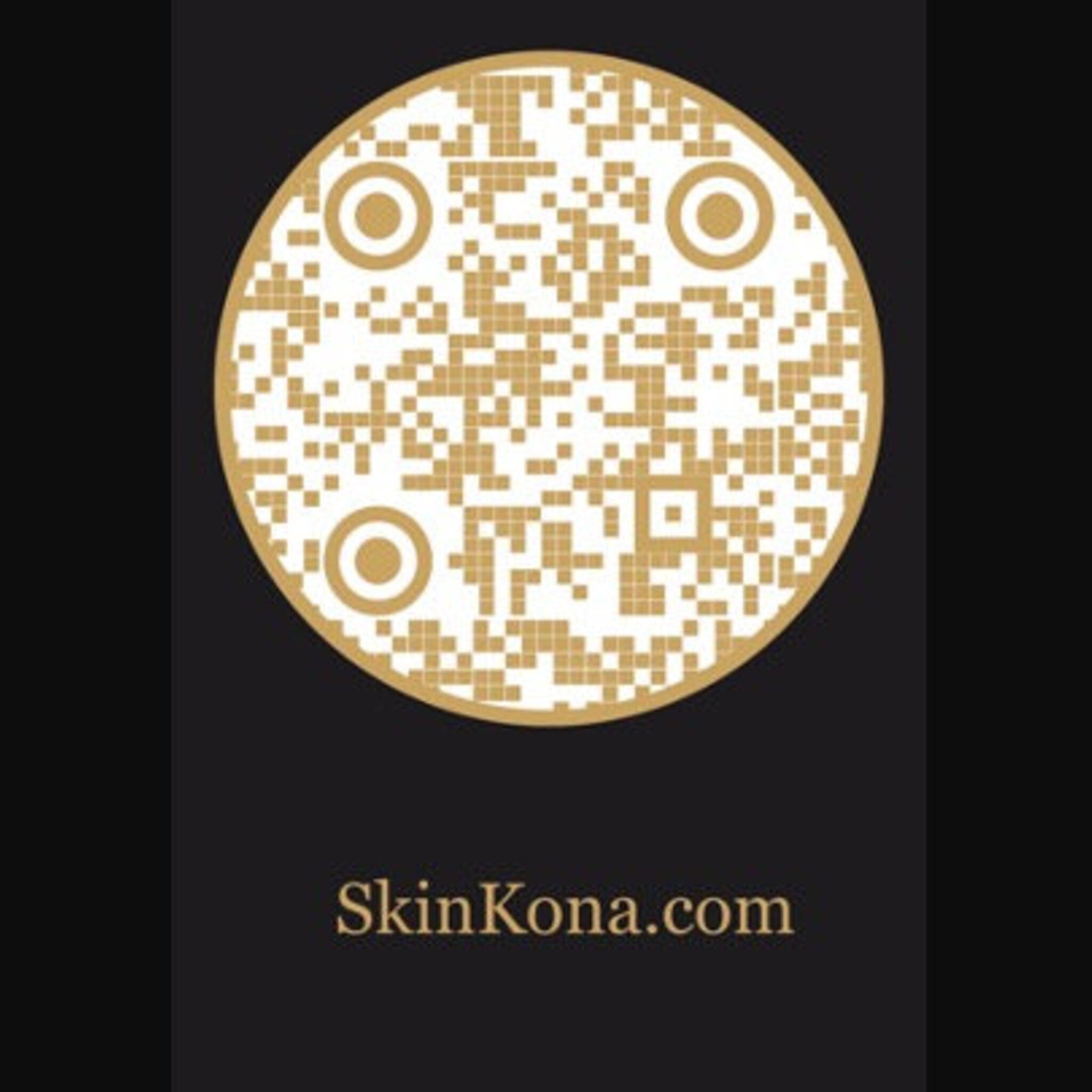 QR code graphic with gold and white pixelated pattern on black background, SkinKona.com text