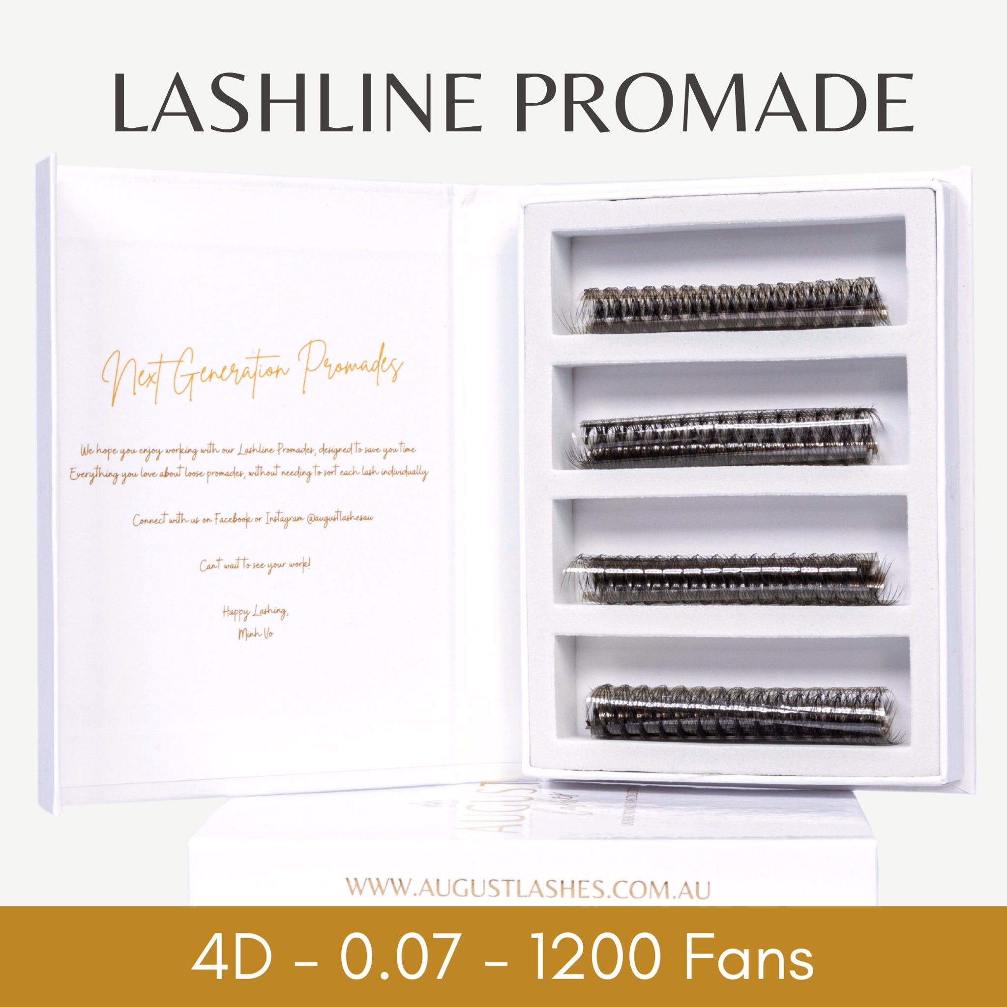 4D Promade Fans, dark gray synthetic lash fans in white box, August Lashes brand