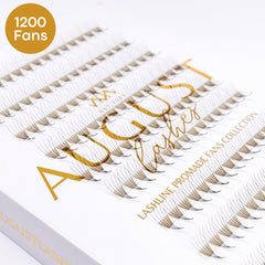 Eyelash extensions with brown and black fans on a white box with August Lashes branding