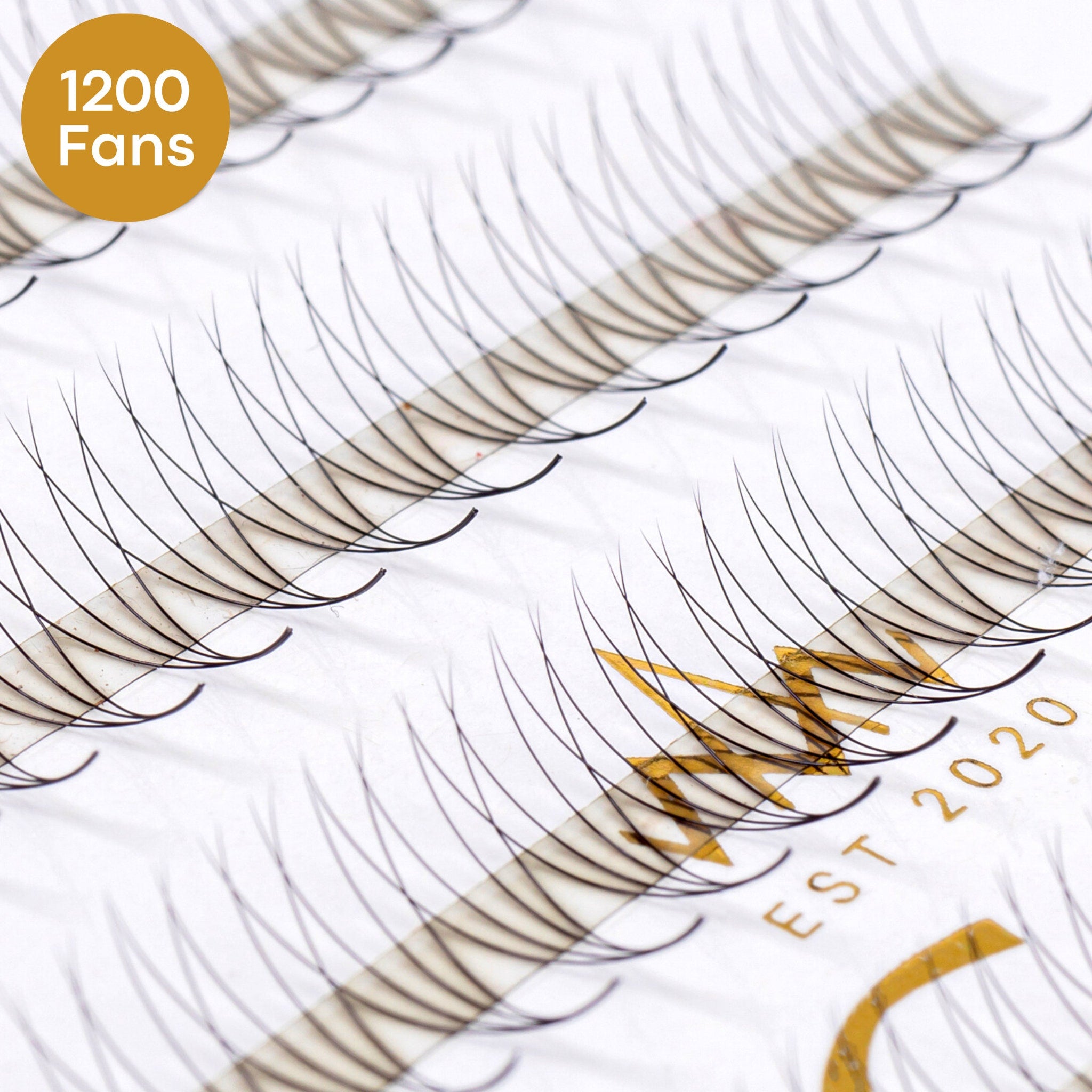 Eyelash extensions with black synthetic fibers on a white strip, "1200 Fans" label visible