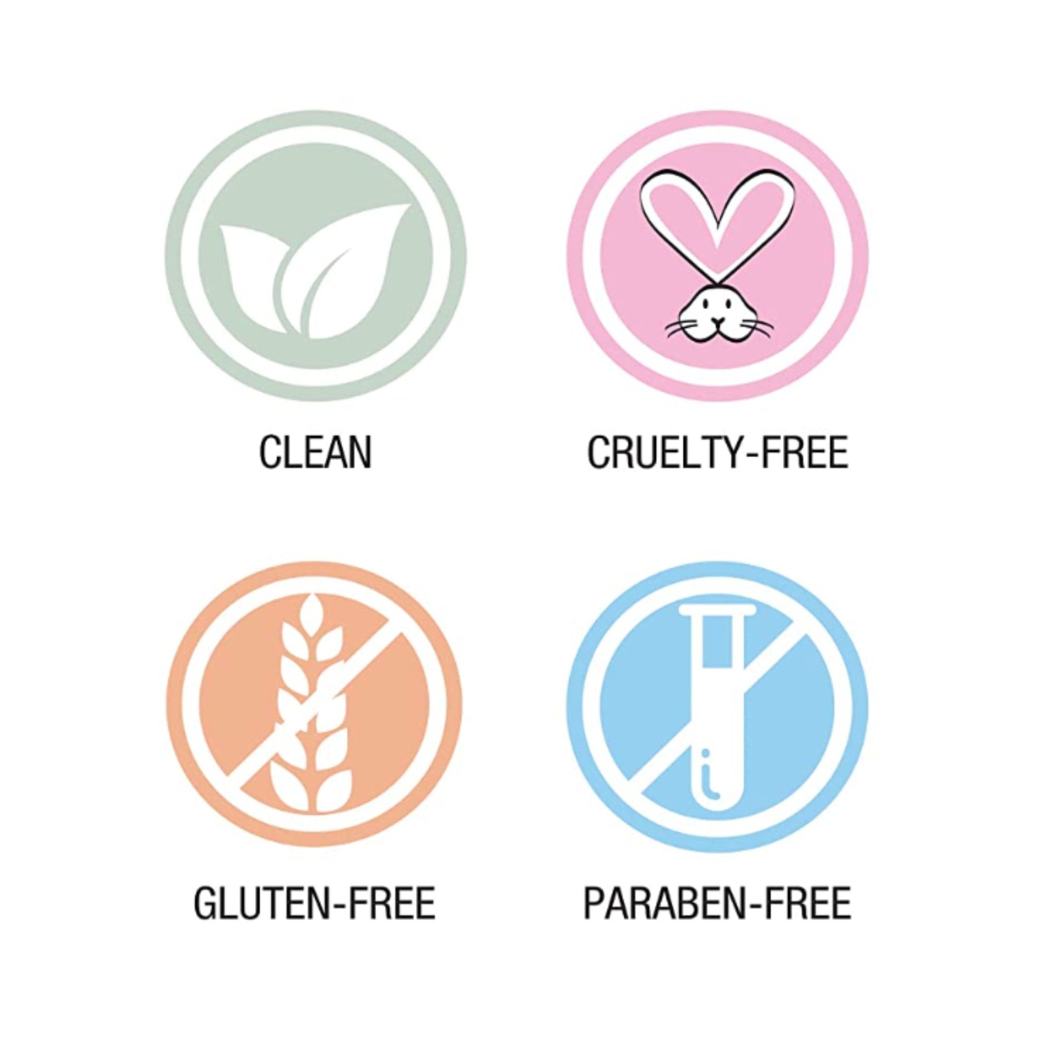 Product icons with green, pink, orange, and blue circles, white text labels for Clean, Cruelty-Free, Gluten-Free, and Paraben-Free