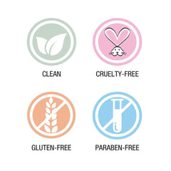 Product icons with green, pink, orange, and blue circles, white text labels for Clean, Cruelty-Free, Gluten-Free, and Paraben-Free