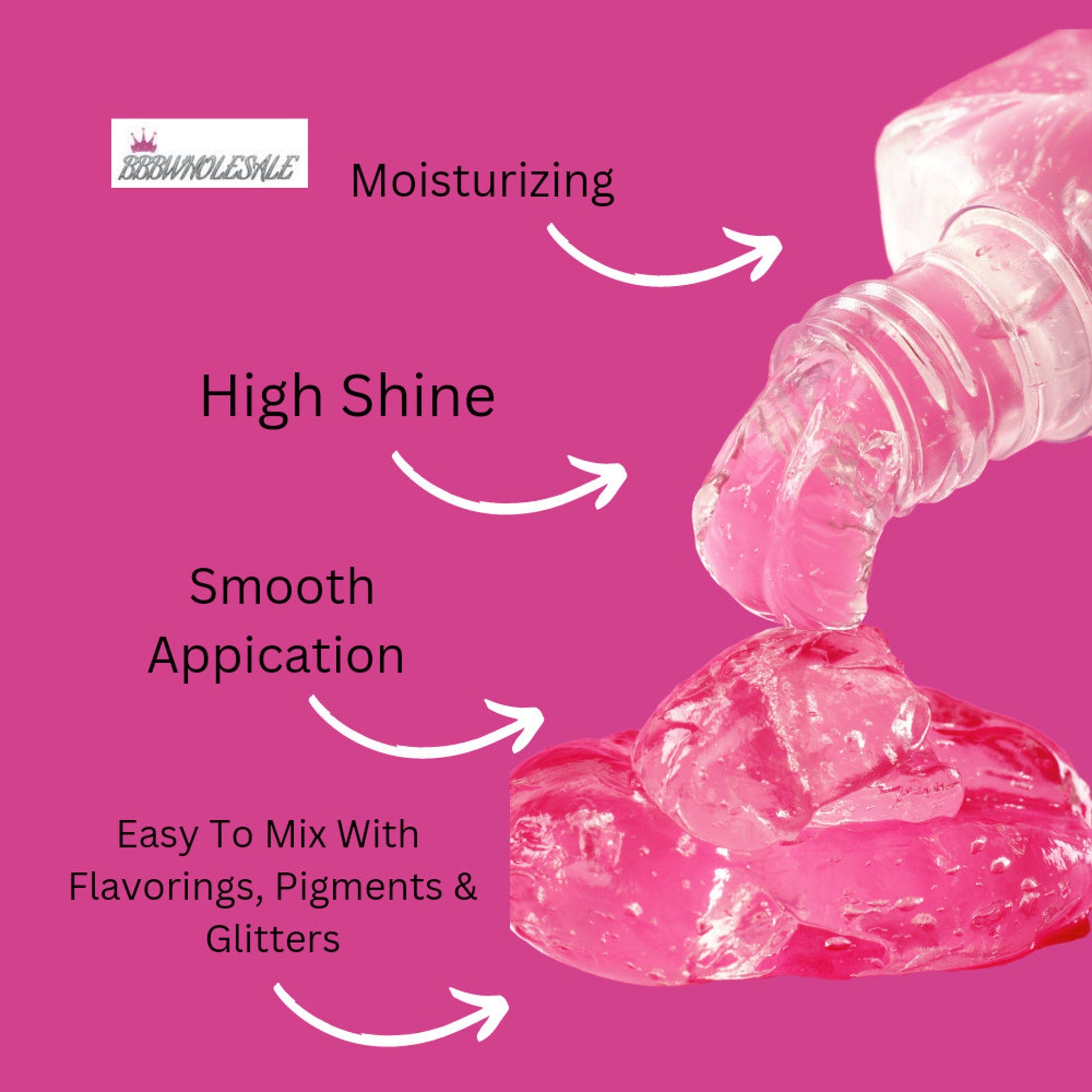 Pink gel pouring from a clear bottle, high shine, smooth application, BBBWHOLESALE text visible