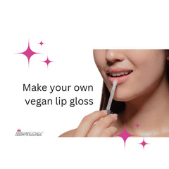 Lip gloss application with clear applicator, pink lips, and white background with pink stars
