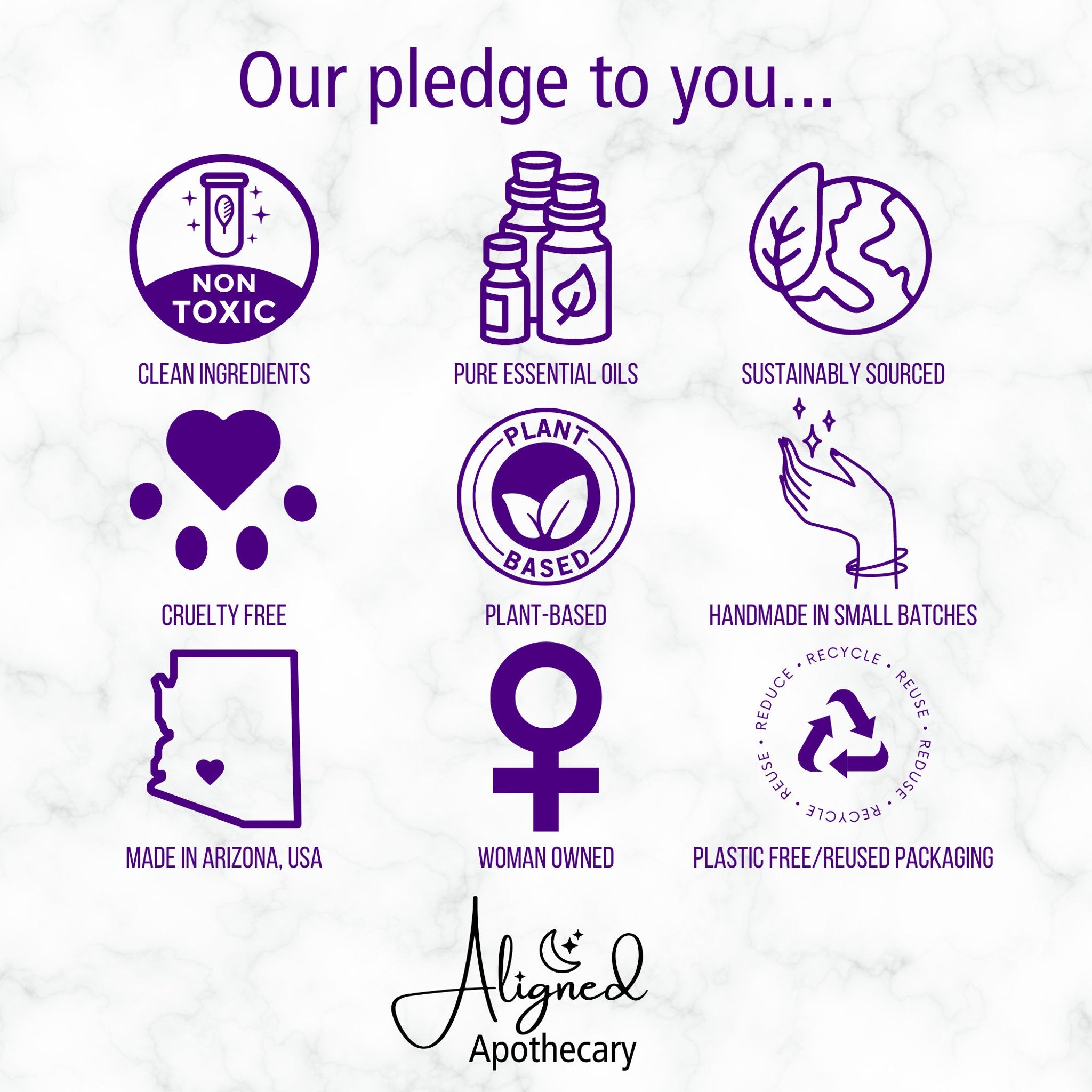 Aligned Apothecary pledge graphic with purple icons and text on white marble background