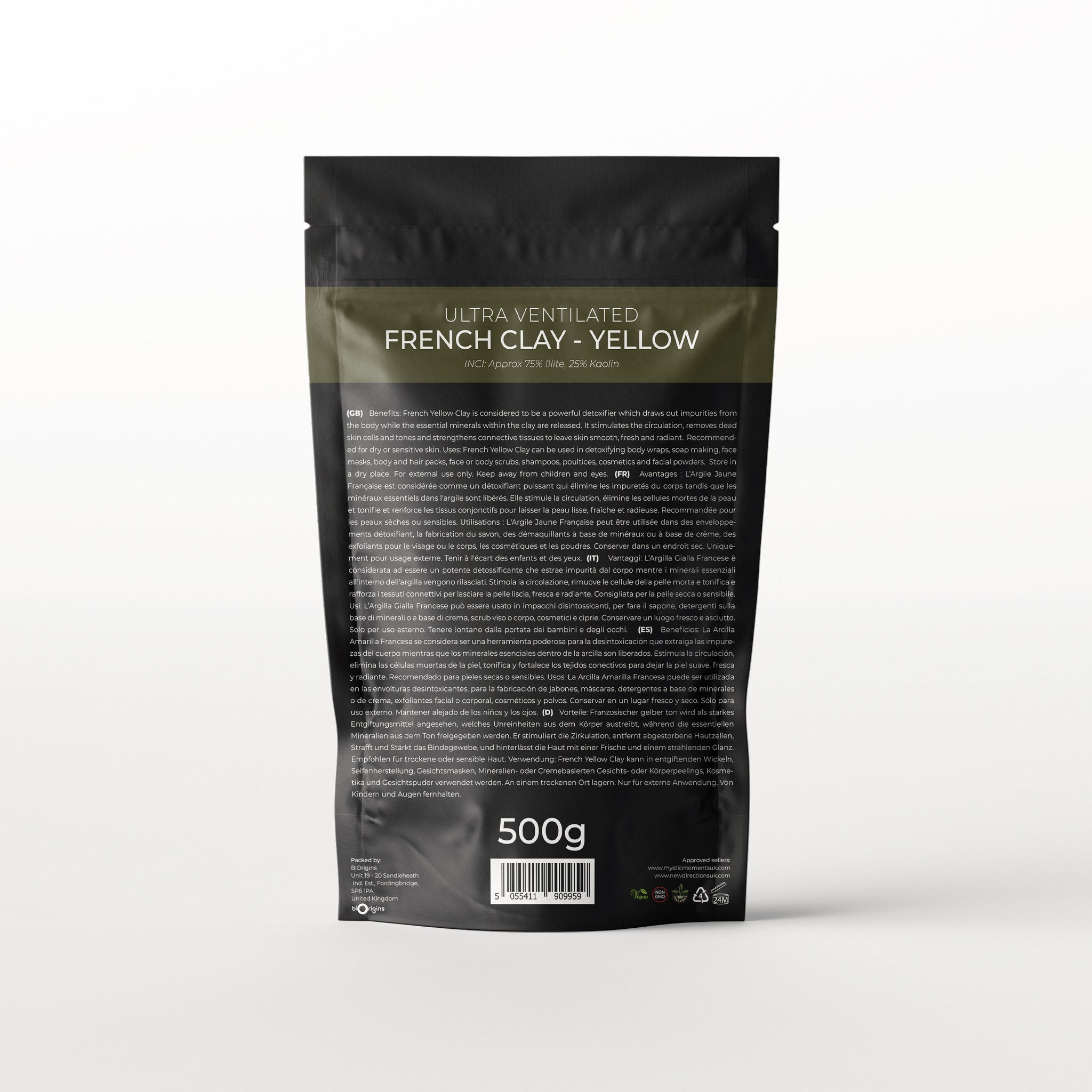 French clay powder in black and yellow packaging, with text "French Clay" visible