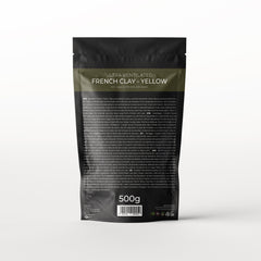 French clay powder in black and yellow packaging, with text "French Clay" visible