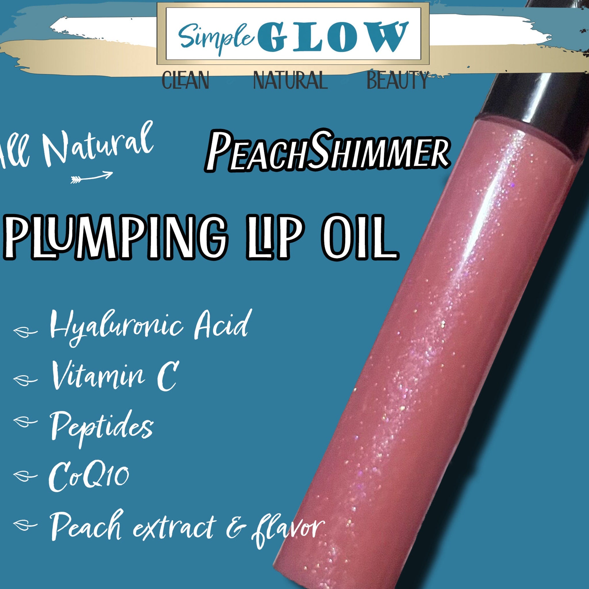 Lip oil in peach color with shimmer, Simple GLOW branding visible
