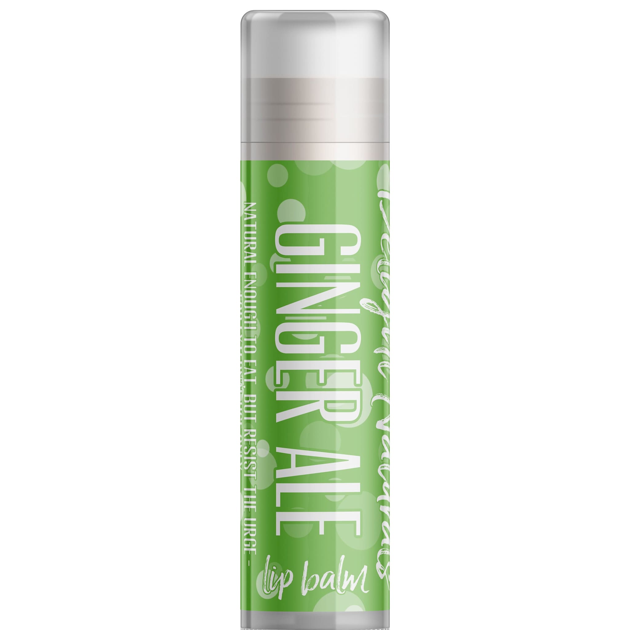 Lip balm tube with green and white label, Delight Naturals Ginger Ale text, and clear cap