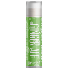 Lip balm tube with green and white label, Delight Naturals Ginger Ale text, and clear cap