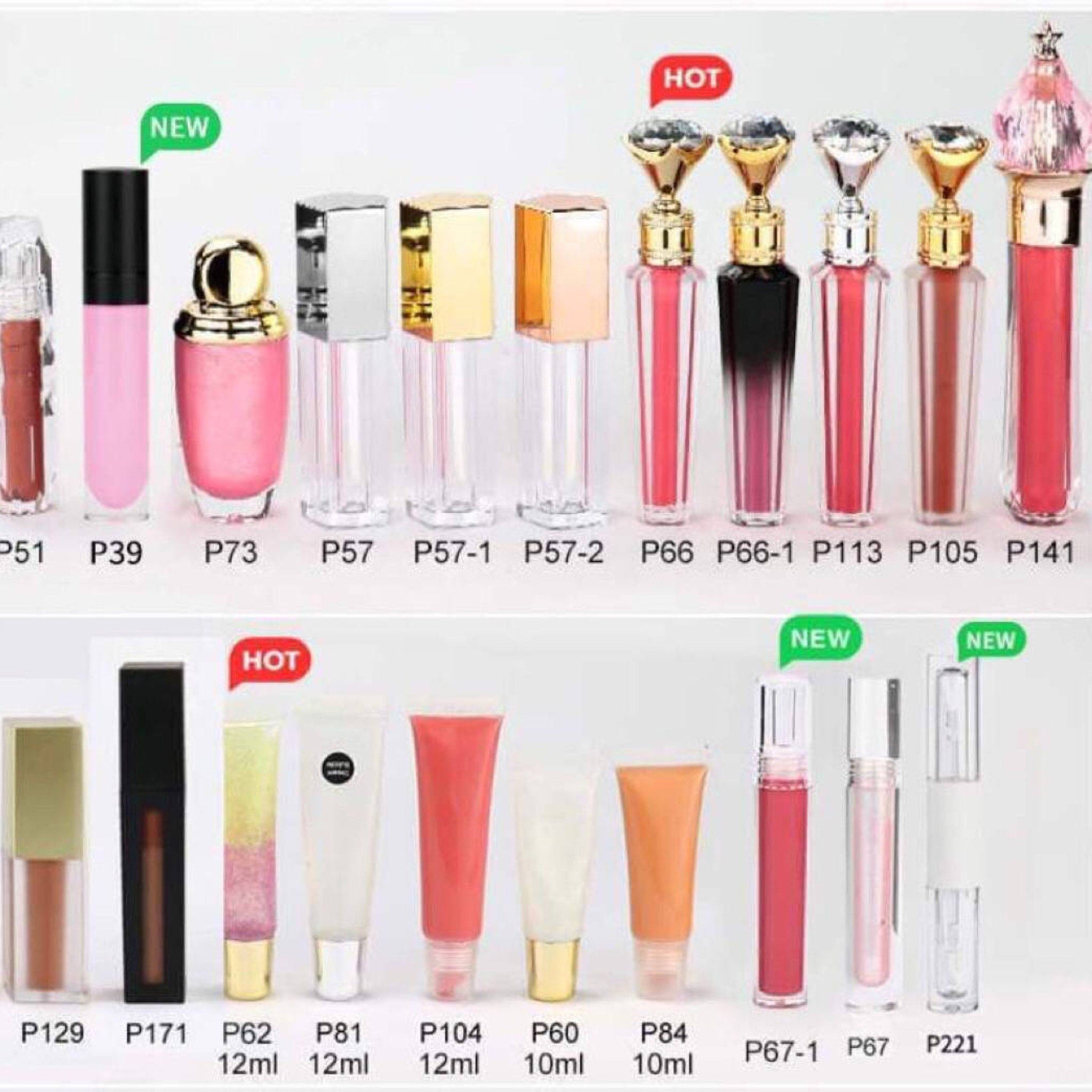 Lip gloss bottles in clear, pink, and black with gold and silver caps