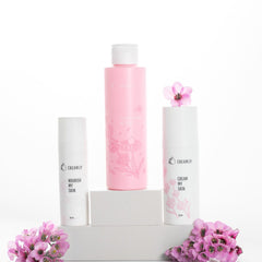 Skincare products in pink and white bottles with floral designs, CREAM.LY branding visible