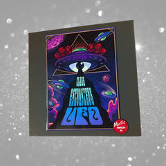 UFO art print with colorful illustration, "Close Encounters" text, and Mystic Novelty Co. logo on black frame