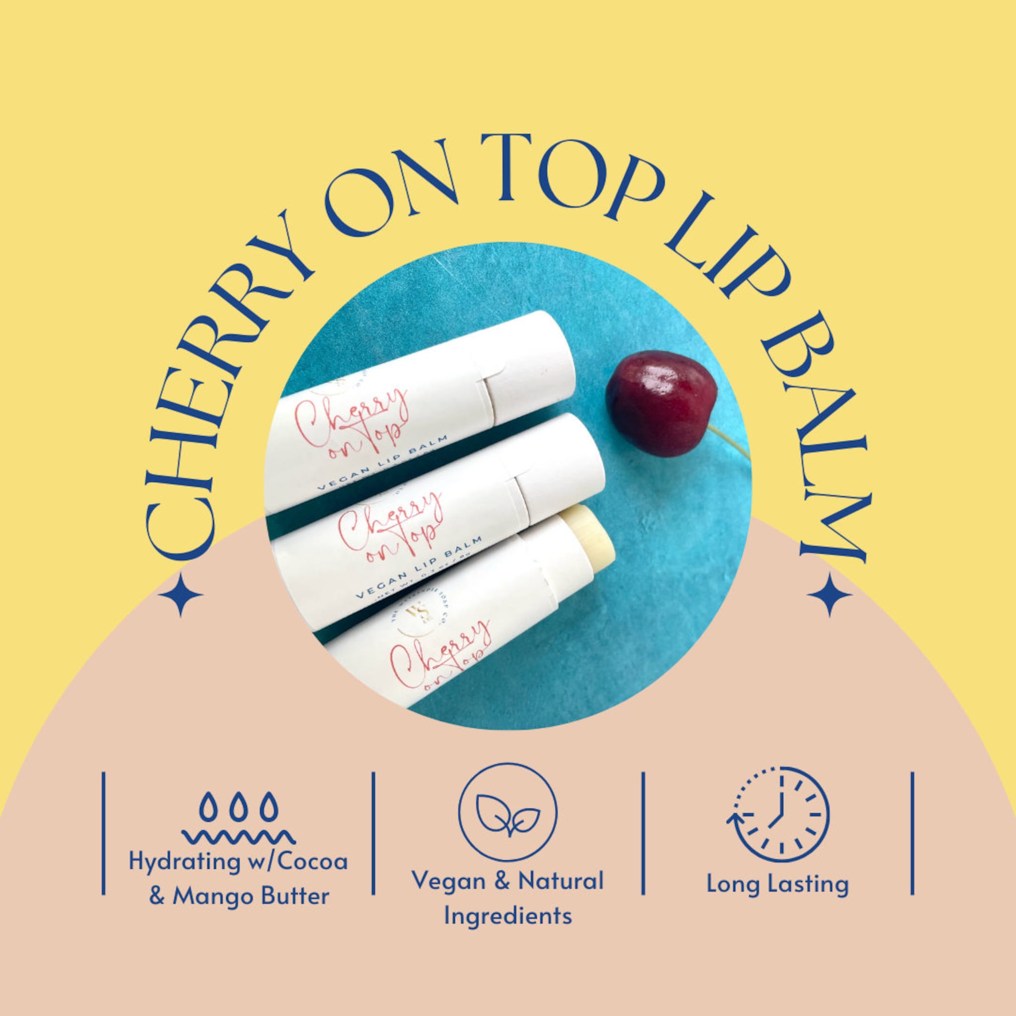 Lip balm tubes with white packaging, "Cherry on Top" text, and a cherry fruit on a blue background