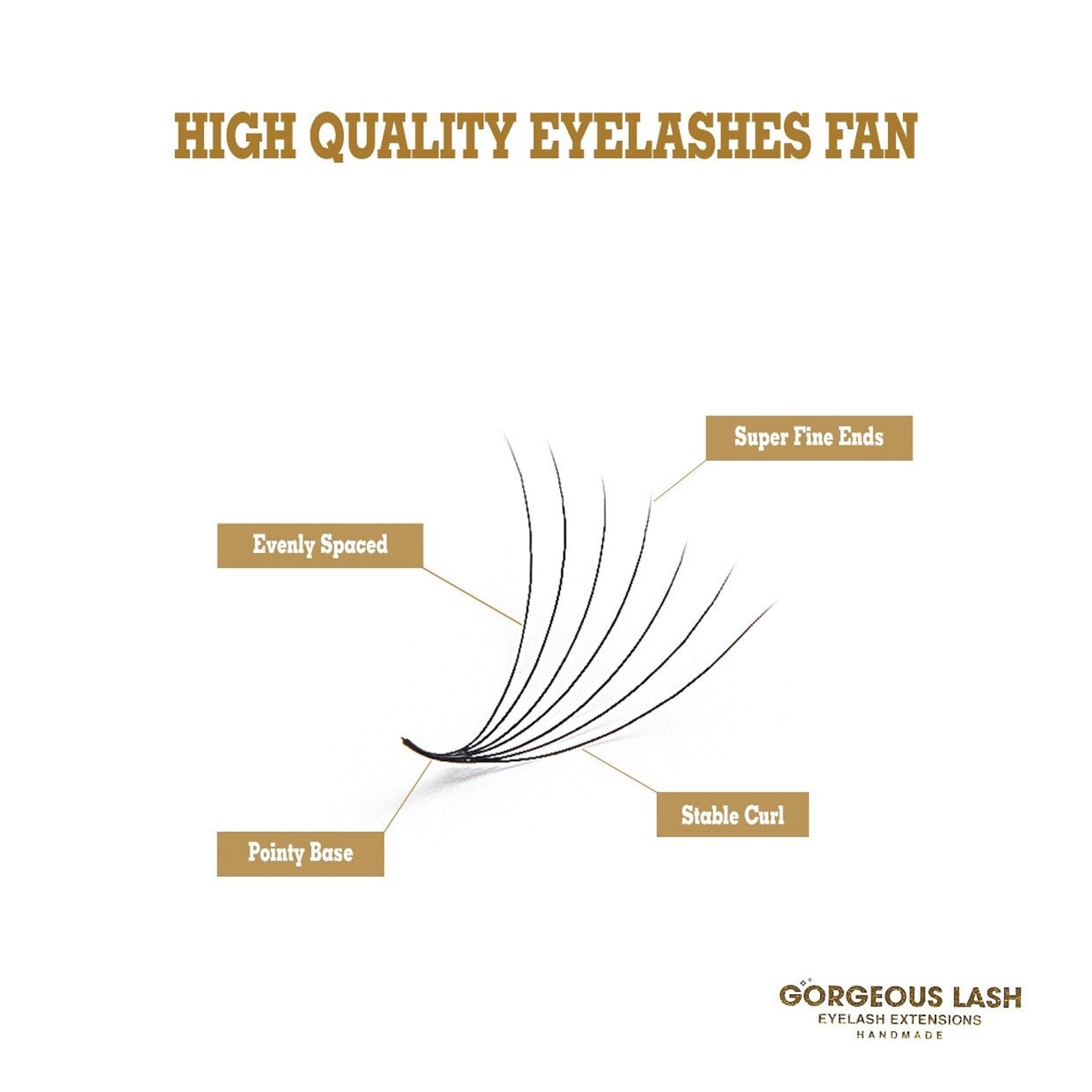 Eyelash fan with black strands, pointy base, and evenly spaced design, Gorgeous Lash brand