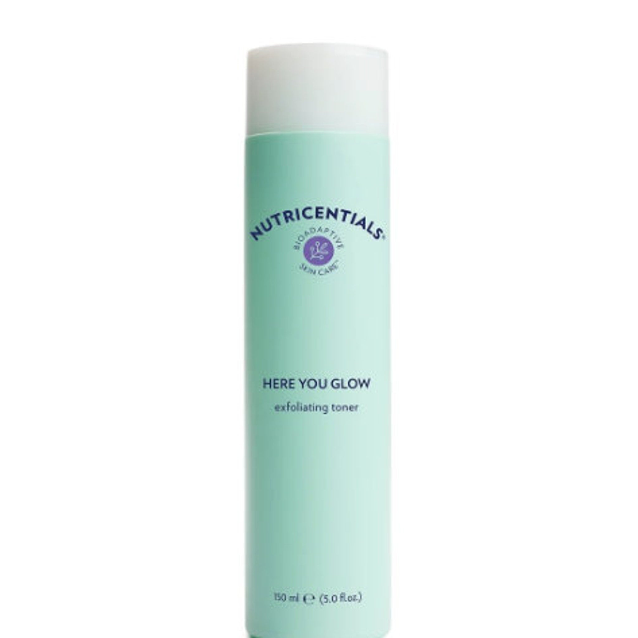 Exfoliating toner bottle in mint green, white, and purple with Nutricentials branding and Here You Glow text.
