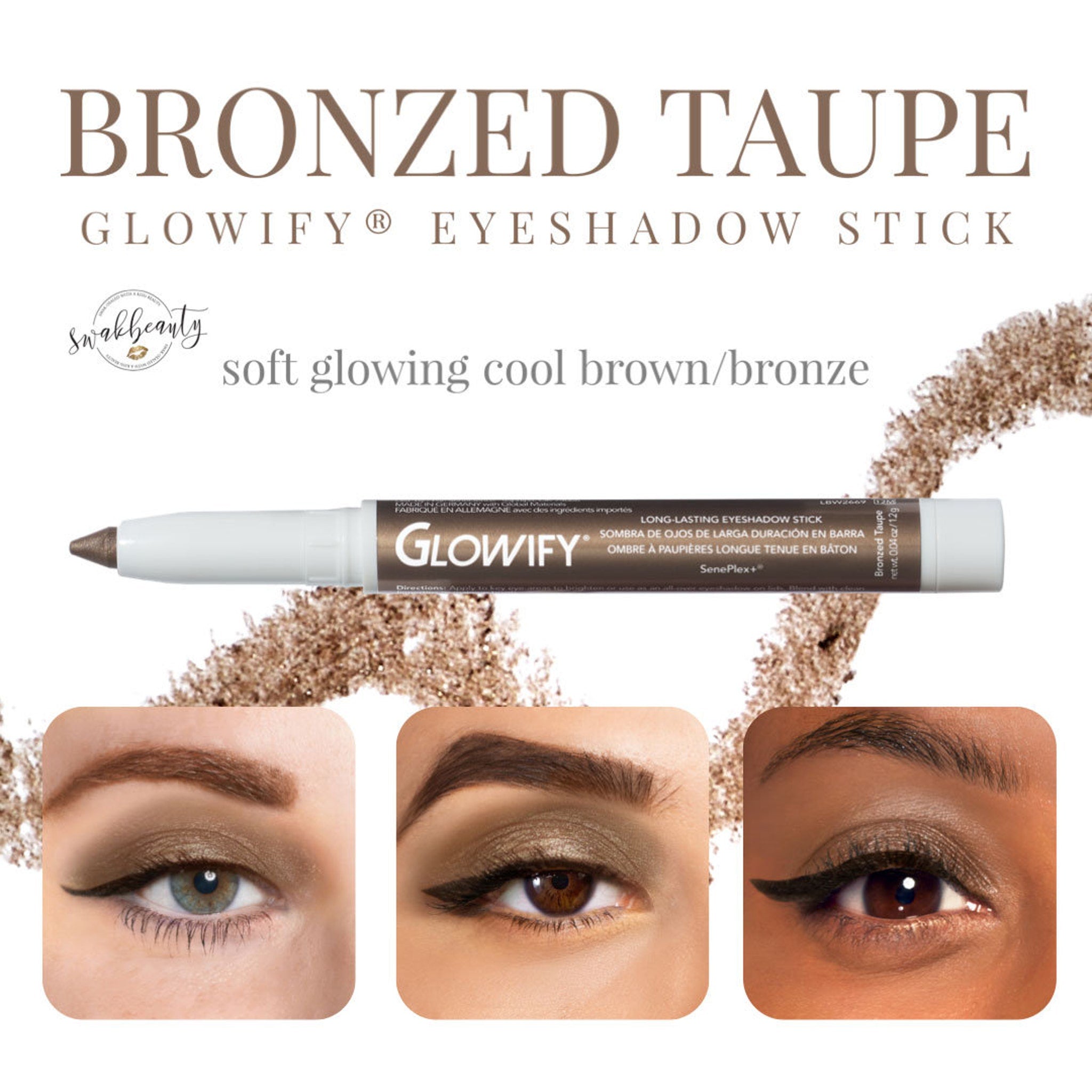 Eyeshadow stick with bronzed taupe color, white tube, and GLOWIFY brand name