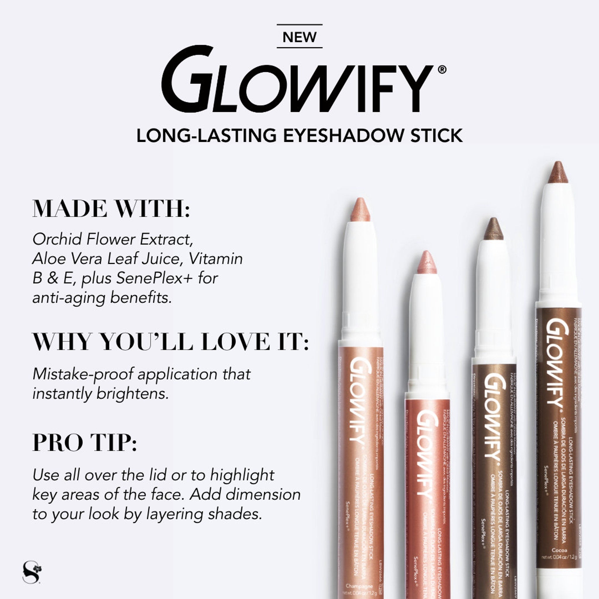 Eyeshadow sticks with white casing, metallic color tips, and Glowify brand text
