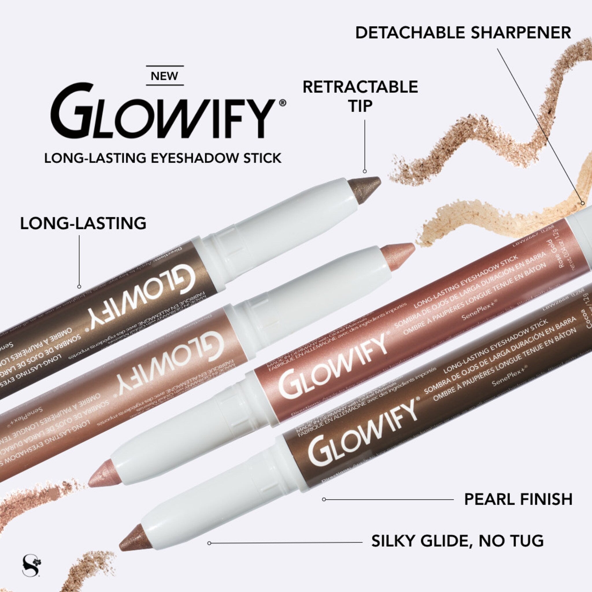 Eyeshadow stick, white tubes with GLOWIFY text, various brown and pink shades, pearl finish