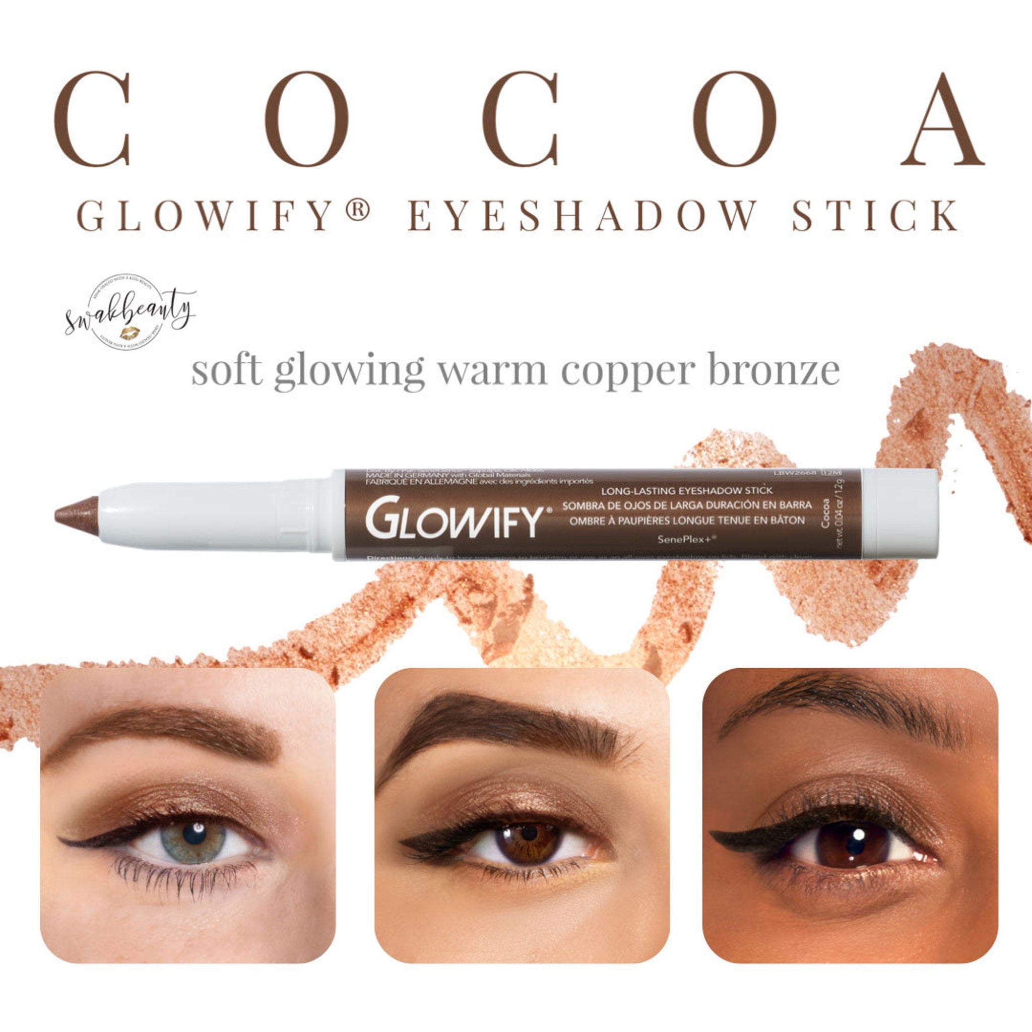 Glowify cocoa brown eyeshadow stick in sleek black twist-up tube with gold accents