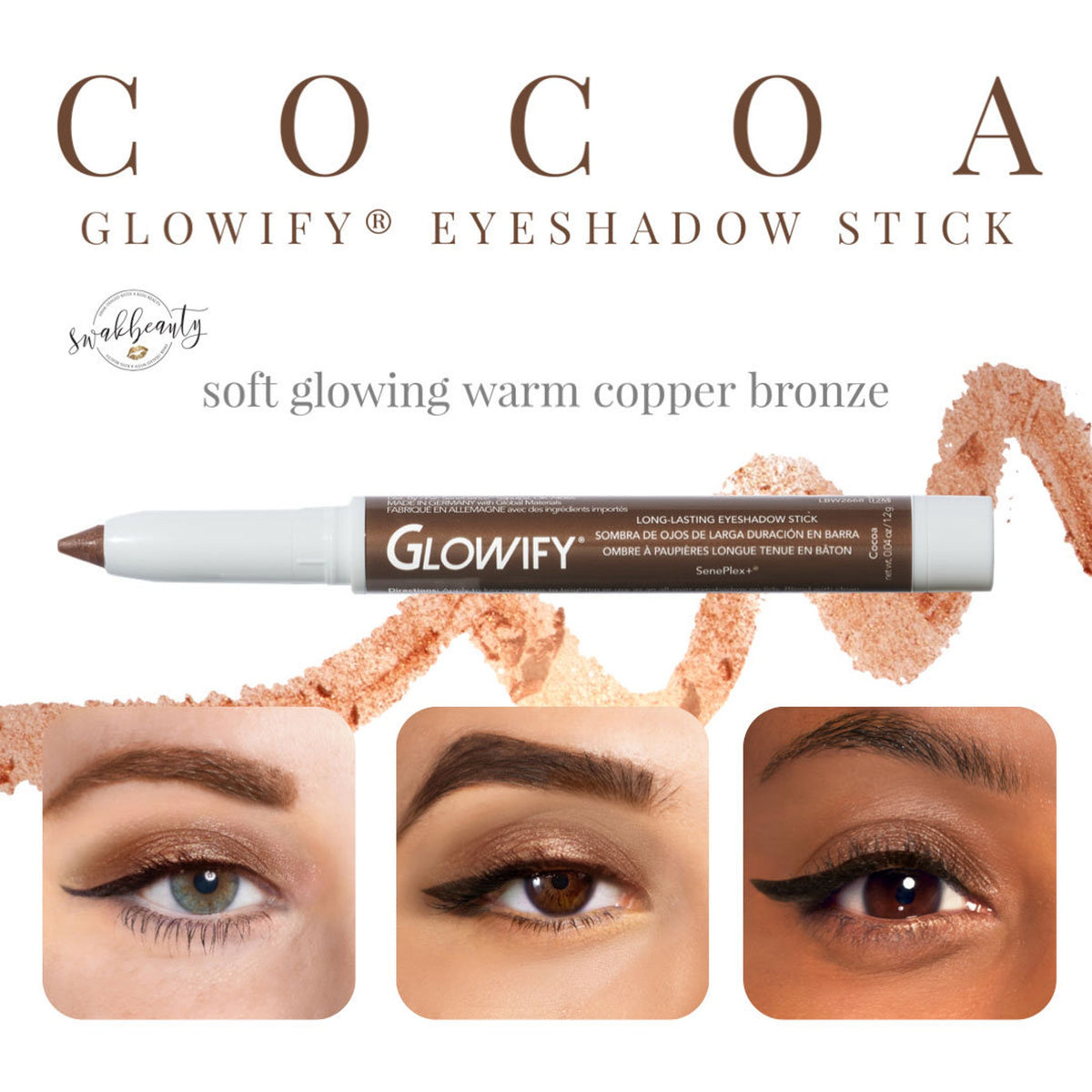 Glowify cocoa brown eyeshadow stick in sleek black twist-up tube with gold accents