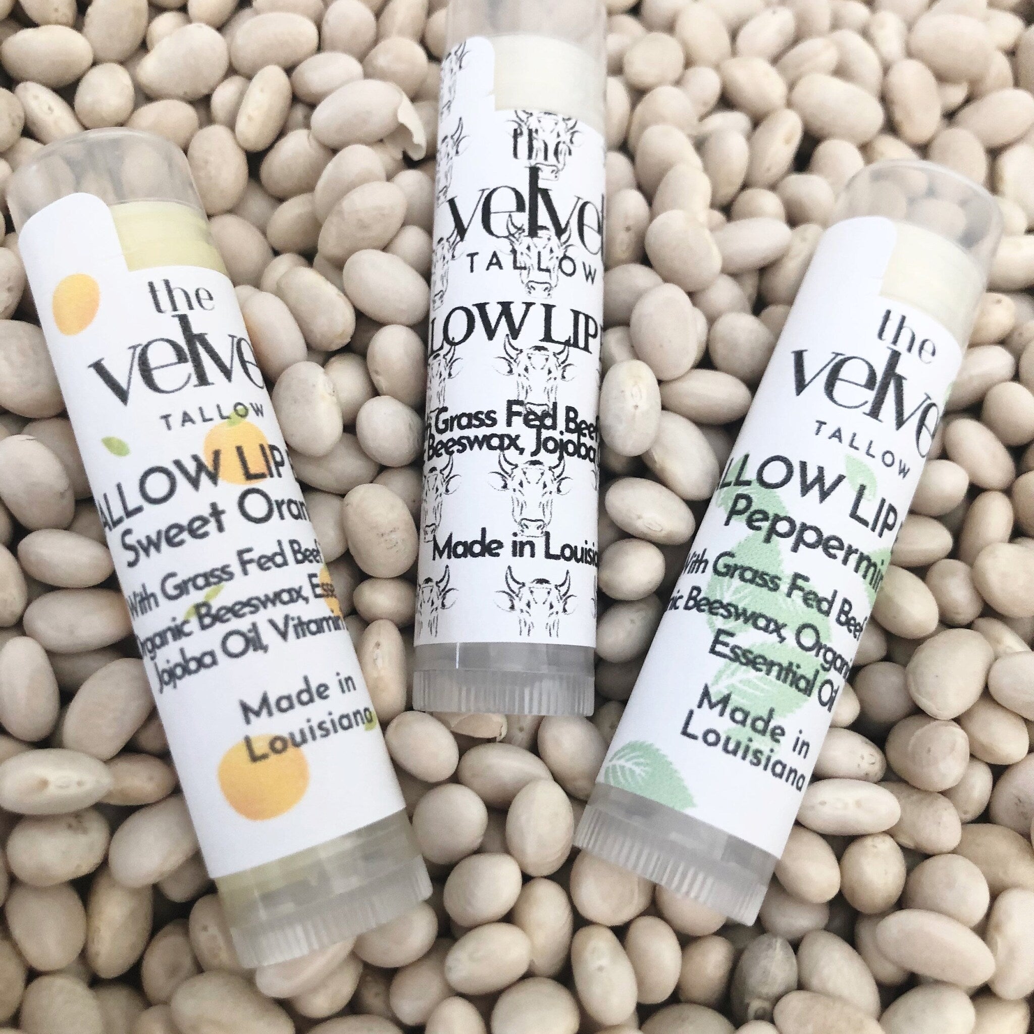 Lip balm tubes with white labels, the velvet tallow brand, and clear plastic packaging