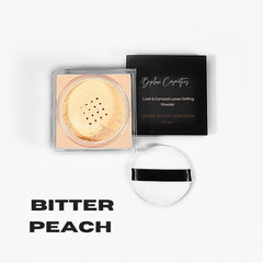 Loose setting powder in beige, clear container, black box with BPLUX Cosmetics text, and white puff with black band