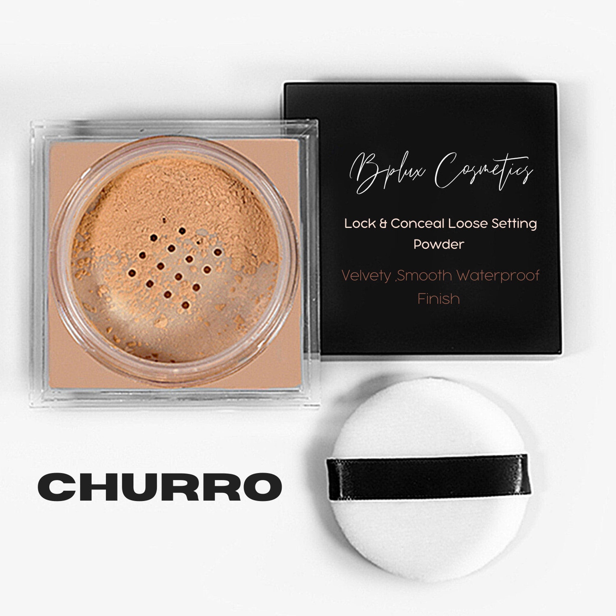 Loose setting powder in tan color with a black compact and white puff, BPLUX branding visible