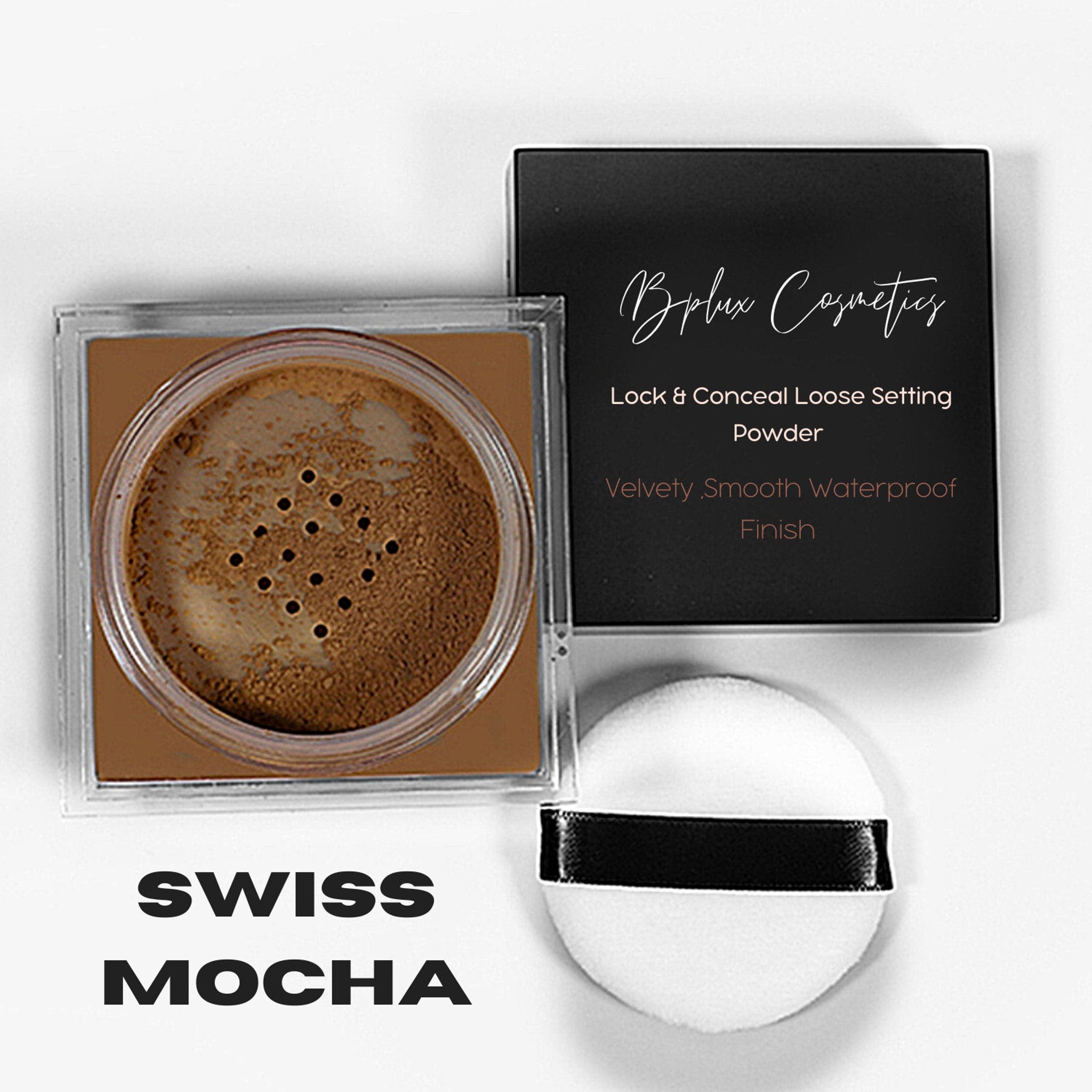 Loose setting powder in brown, clear container, with white puff and black ribbon, BipLux Cosmetics