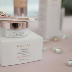 Eye cream jar with rose gold lid and white label, on white box with MONAT branding, eye cream applicator visible