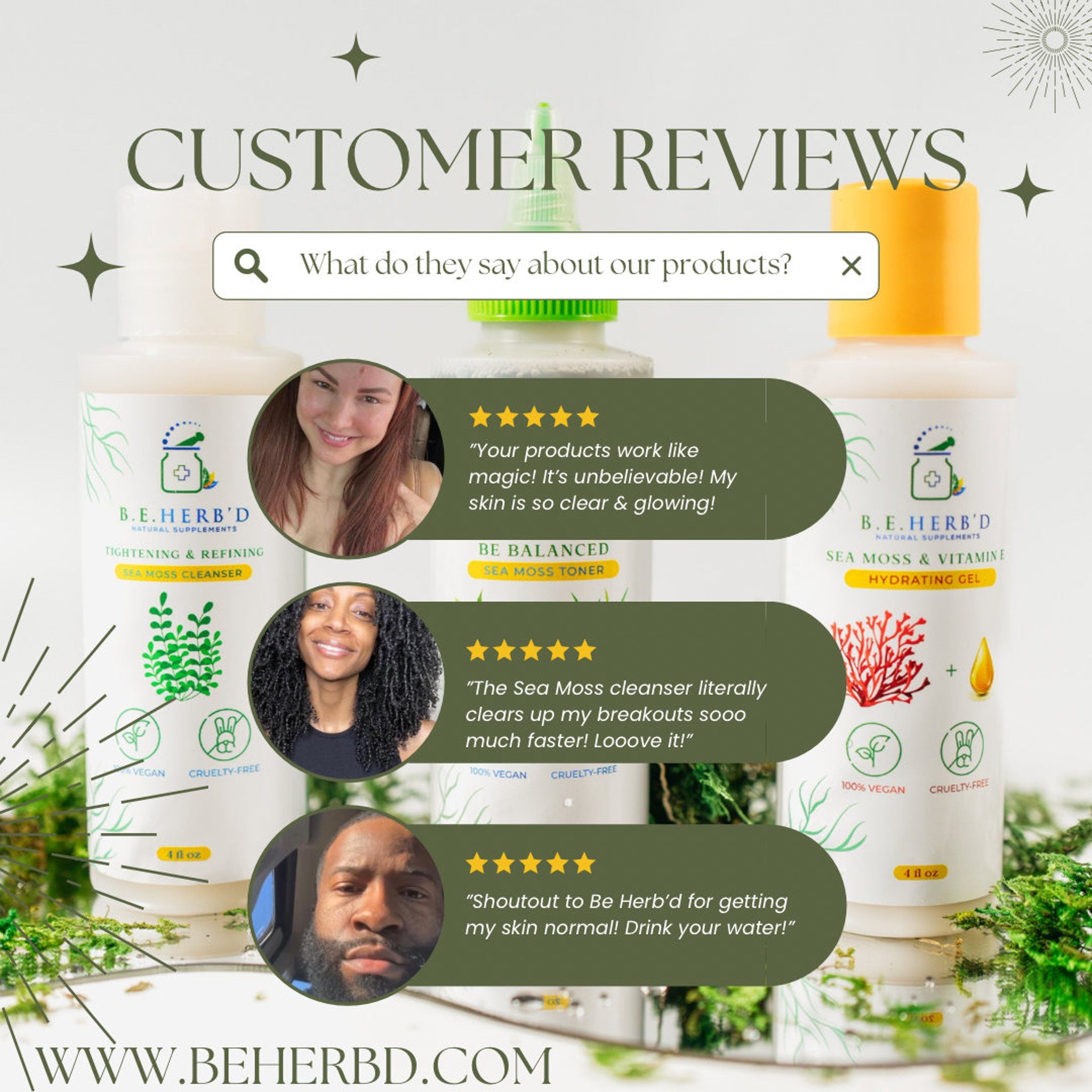 Customer reviews image with B.E. Herb'd products, white bottles with green and yellow caps, customer testimonials
