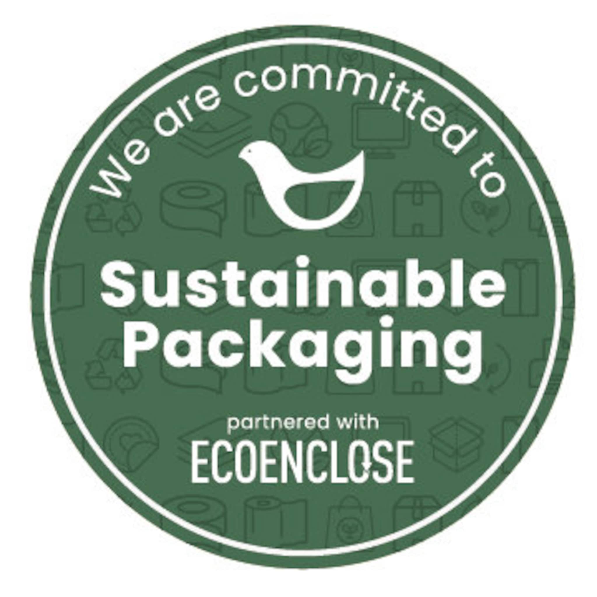 Sustainable packaging badge, green circular graphic with white text and bird icon, partnered with ECOENCLOSE