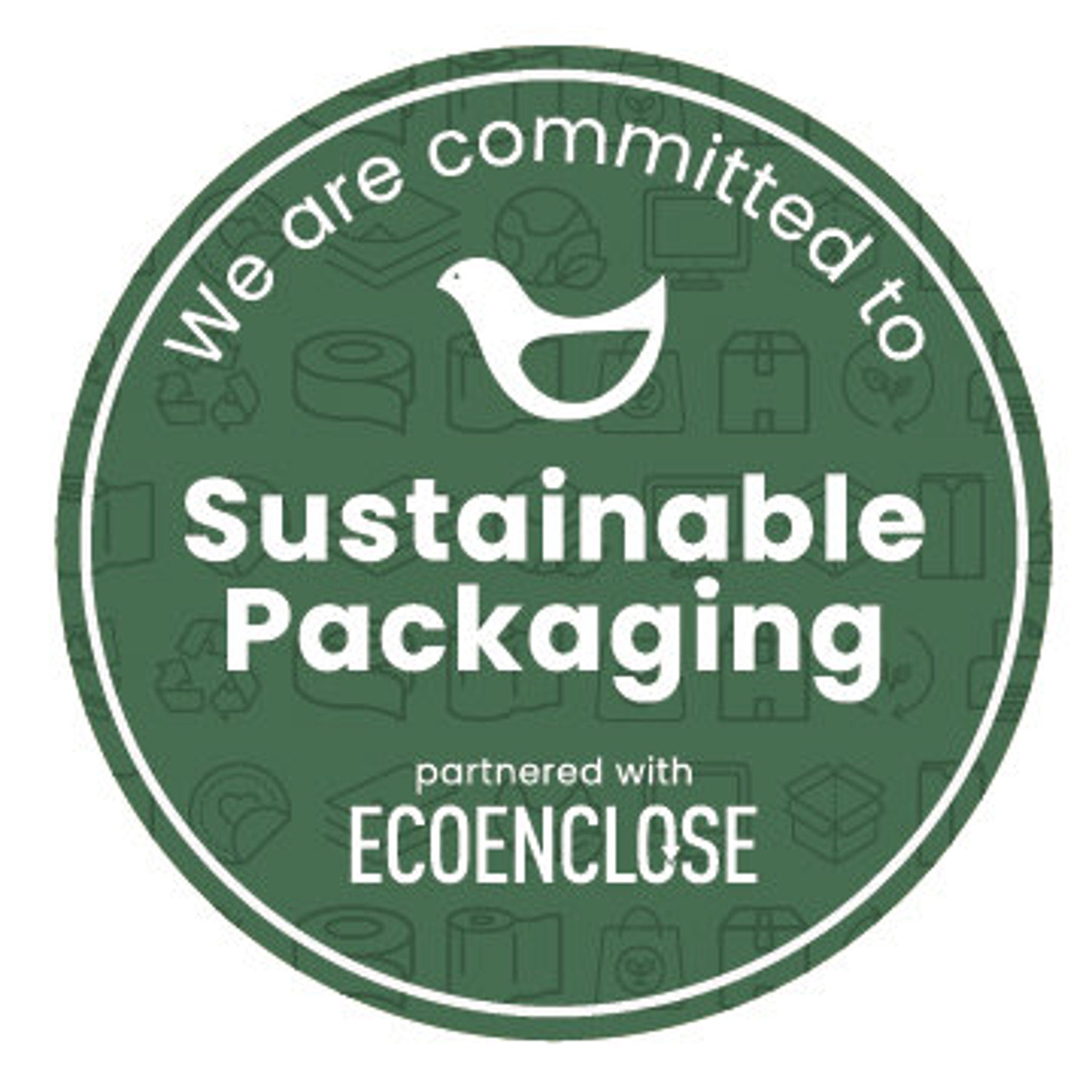 Sustainable packaging badge, green circular design with white text and bird icon, partnered with ECOENCLOSE