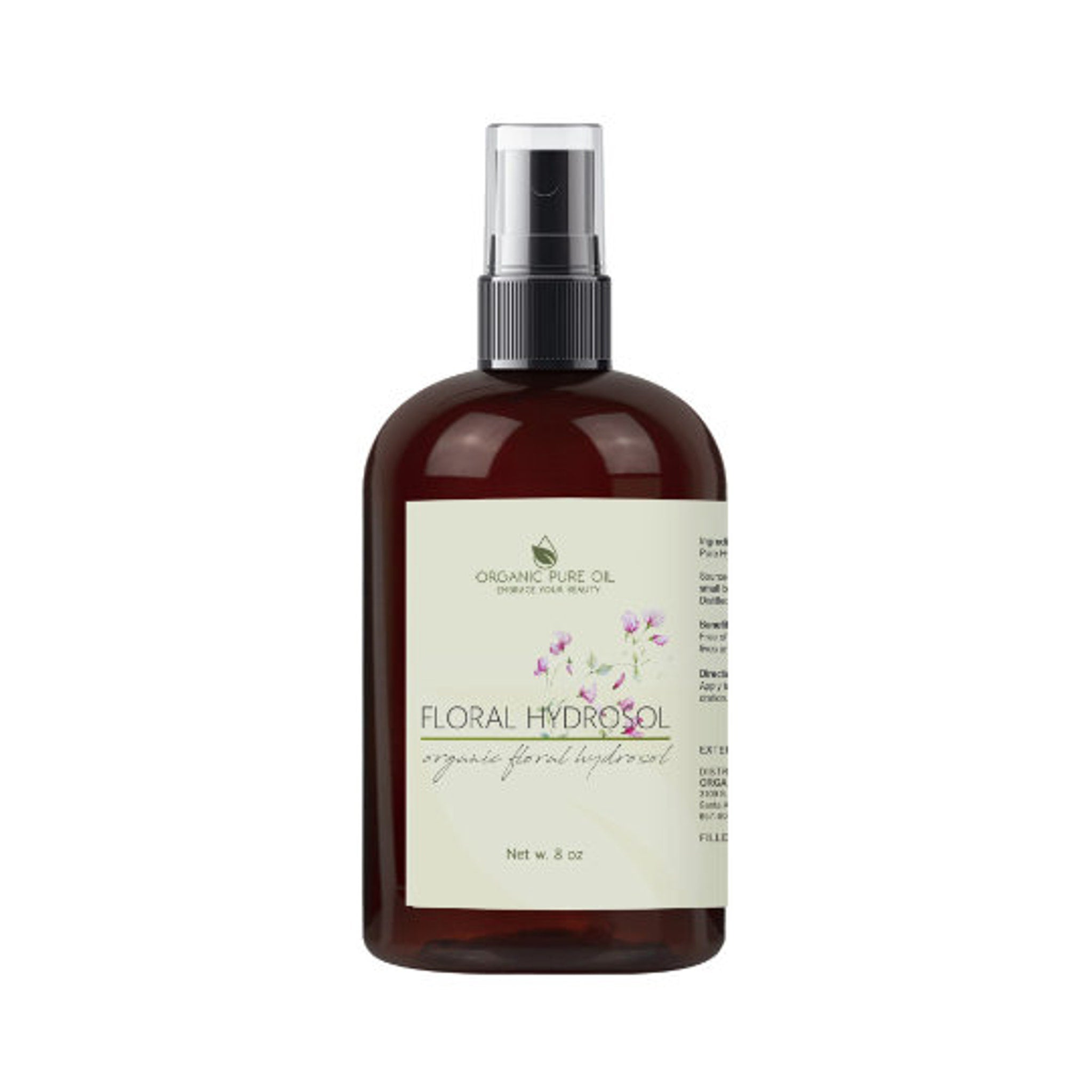 Toner bottle, brown glass, black spray top, with Organic Pure Oil's label