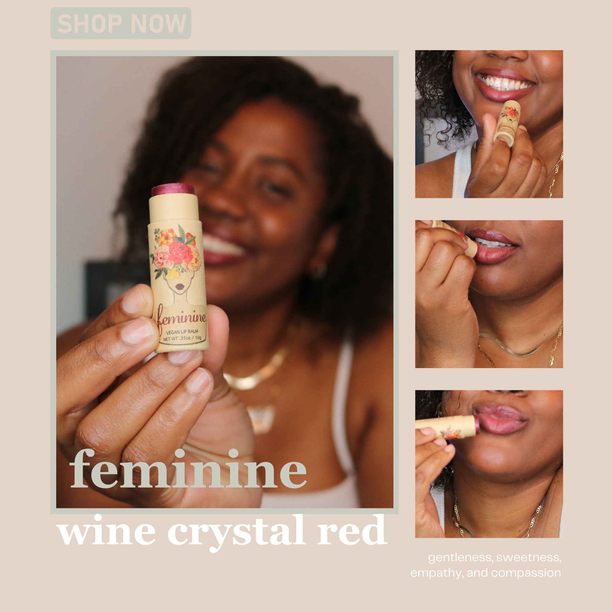 Lip balm tube with floral design, wine-colored balm, and FEMININE branding, being applied to lips