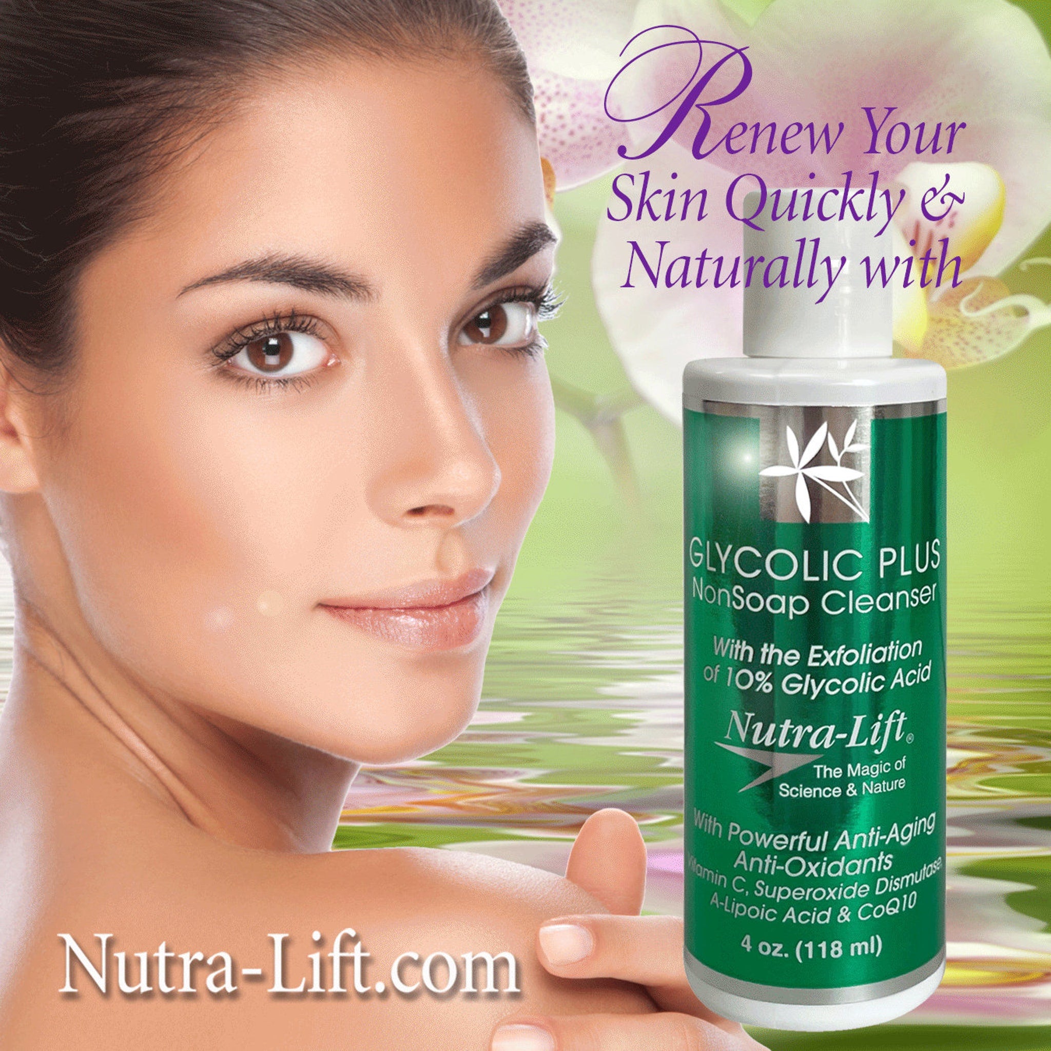 Glycolic cleanser bottle with green and white label, held by hand, with woman's face in background