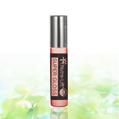 Lip gloss tube with silver cap, pink gloss, and Nutra-Lift brand text