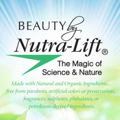 Nutra-Lift logo with black and green text on a blue and green background, with the words "Beauty by Nutra-Lift" visible.