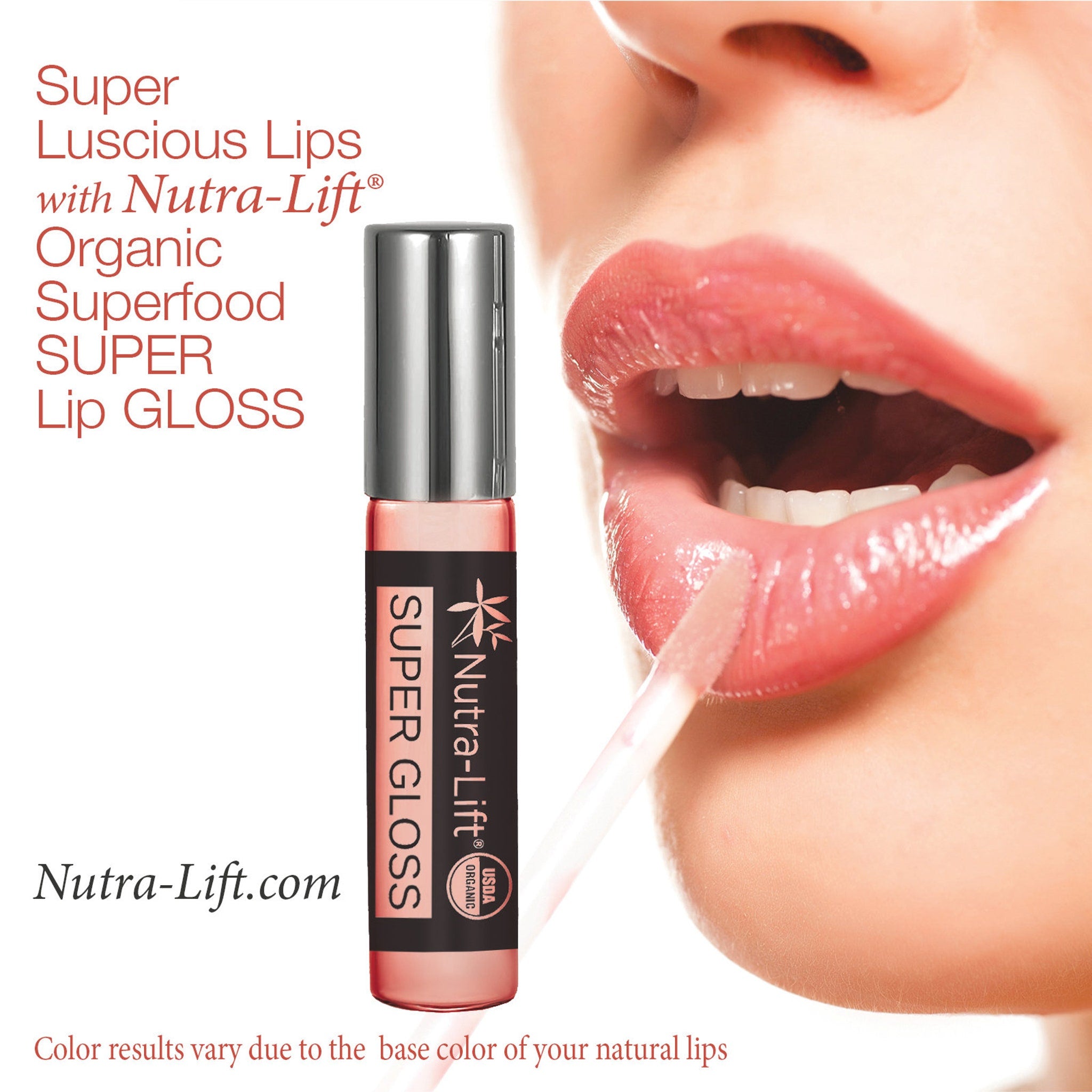 Lip gloss tube with silver cap, pink gloss, and Nutra-Lift text on black label