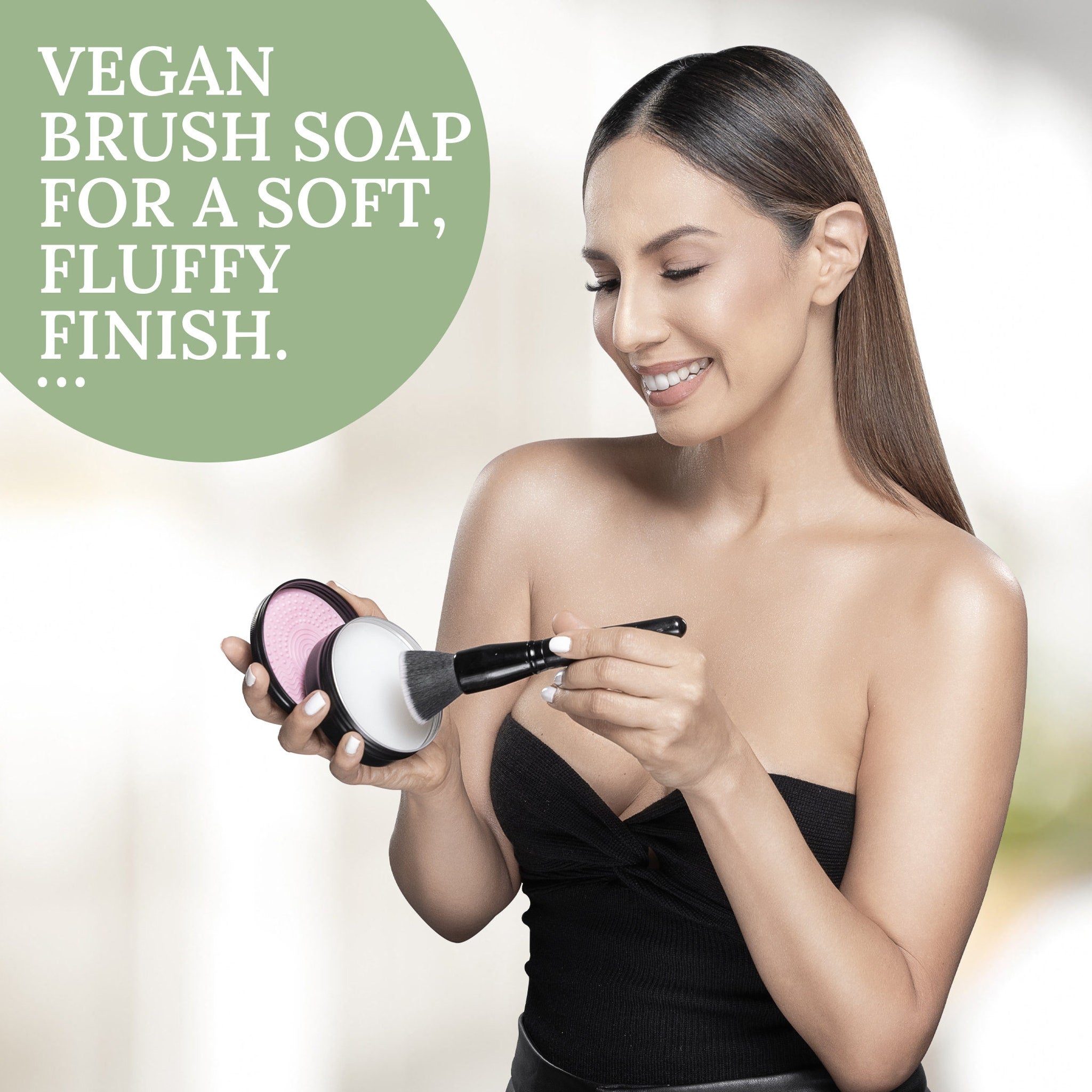 Side view of vegan brush soap bar with free scrubber on bamboo tray, showcasing textured surface and oval shape