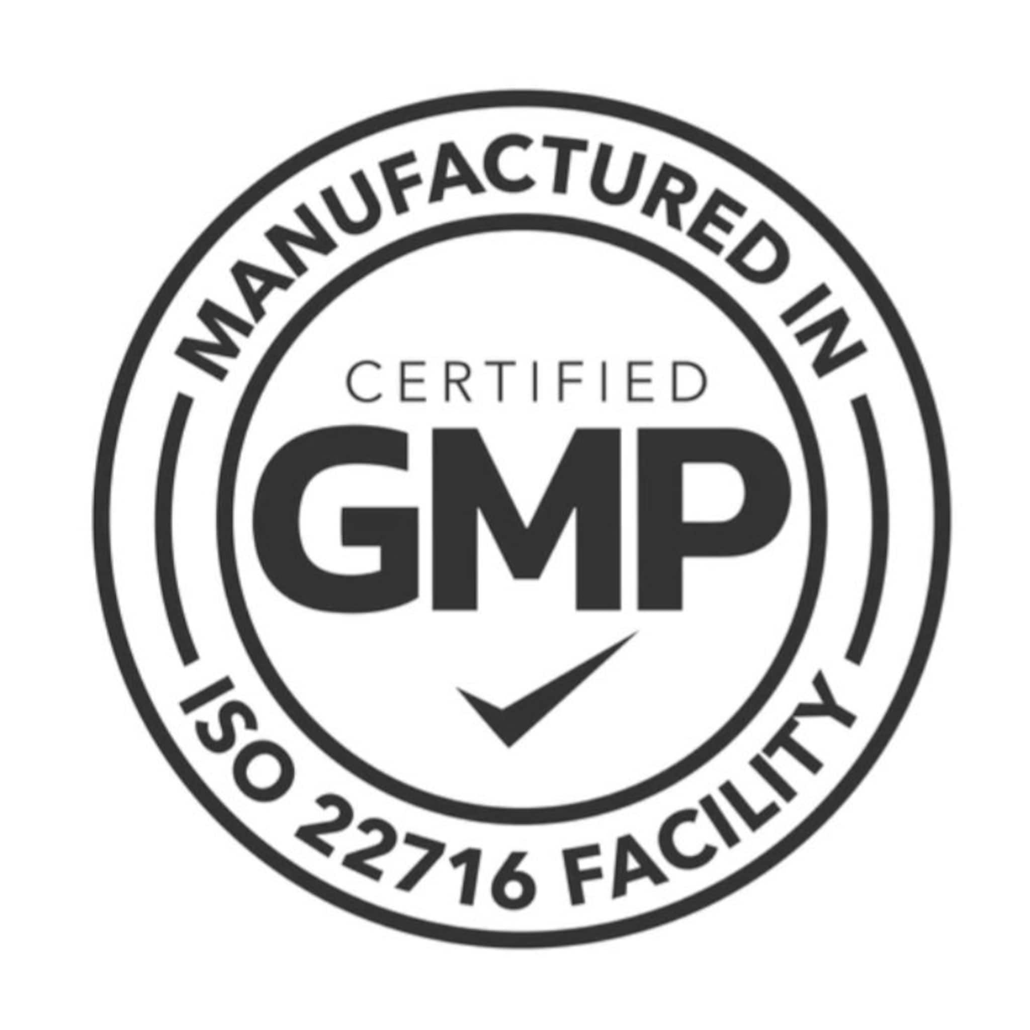 GMP Certified logo in black and white, circular design with text "GMP", "ISO 22716" and checkmark icon
