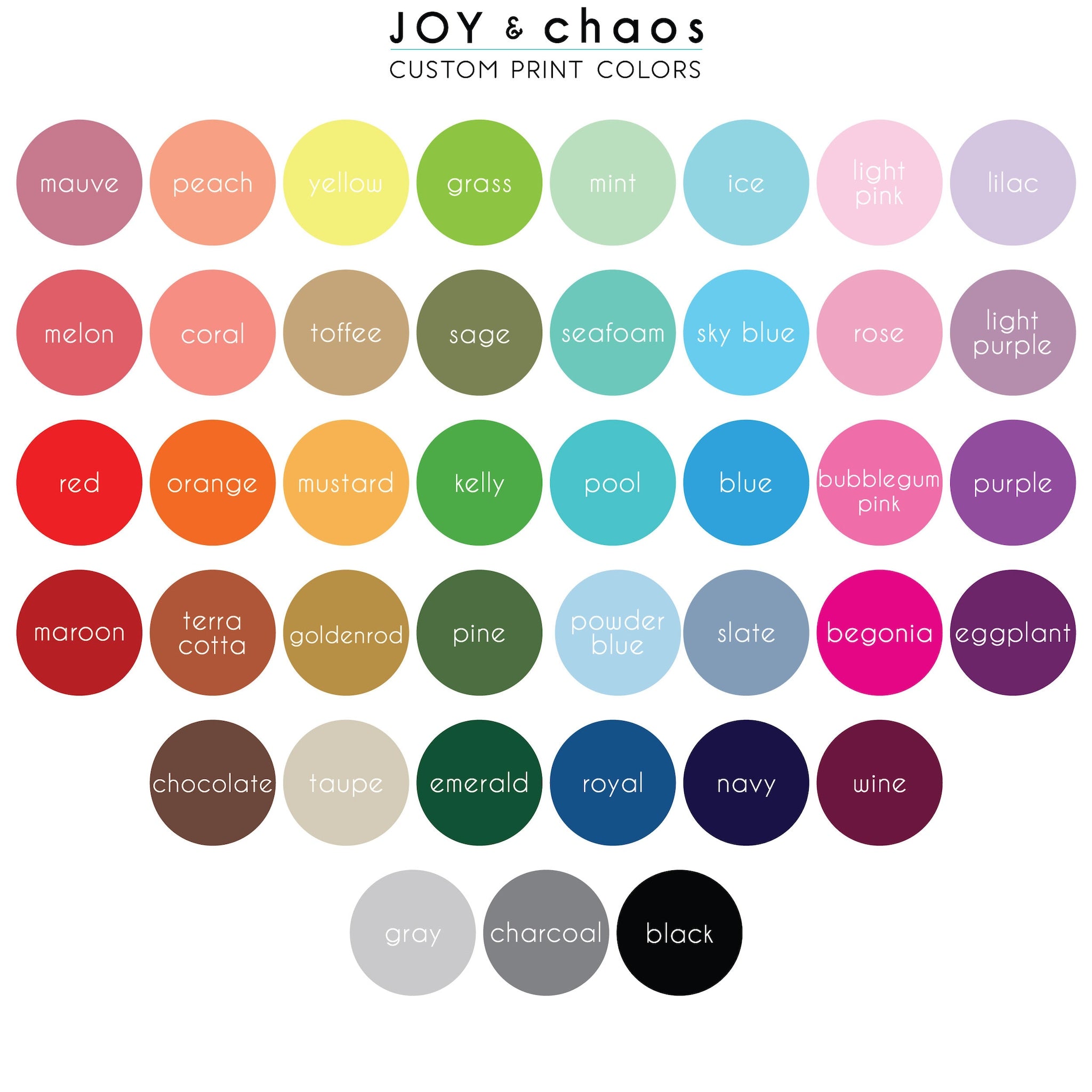 Color chart with JOY & CHAOS brand name, featuring various colored circles with text labels