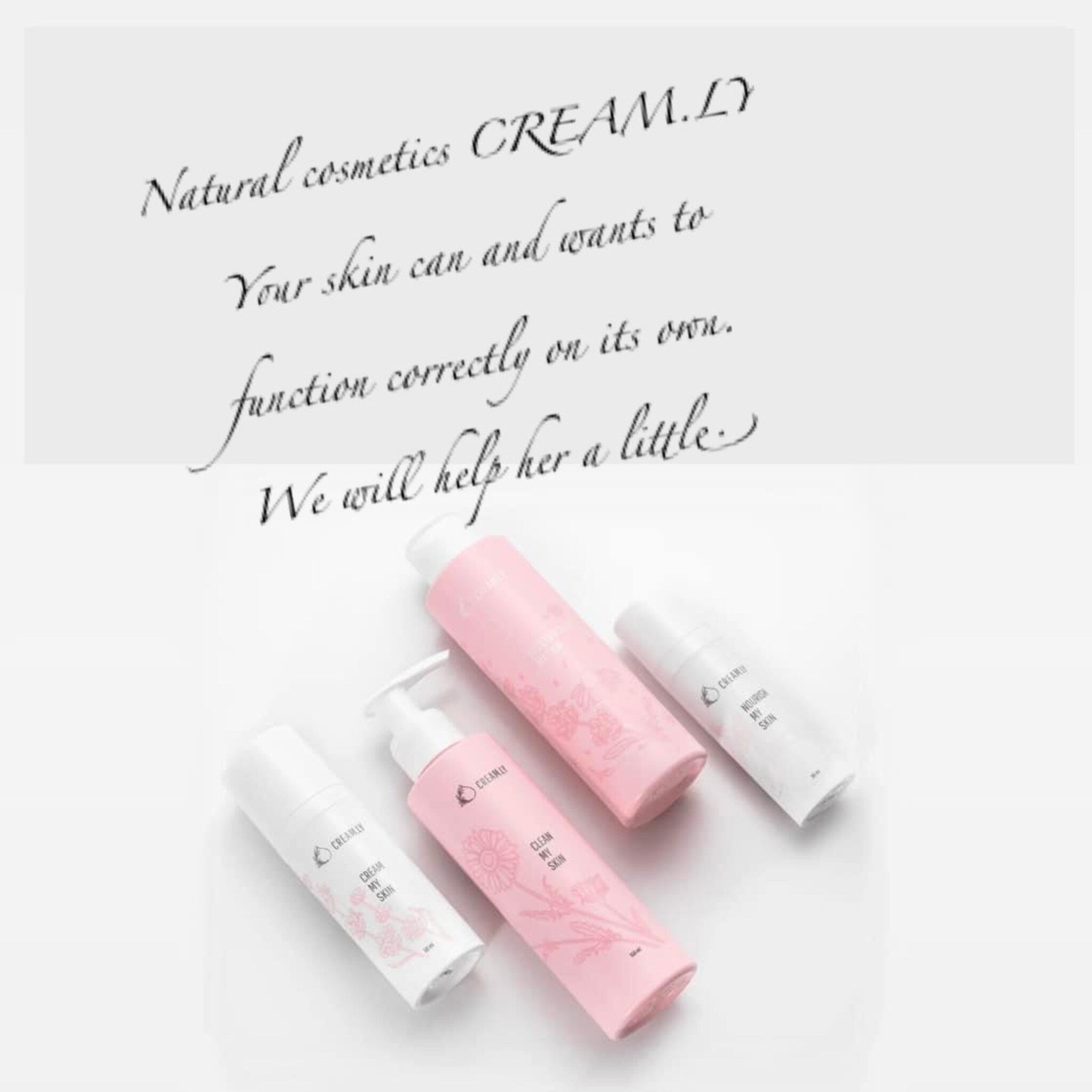 Skincare products in pink and white bottles with floral designs, CREAM.LY branding visible