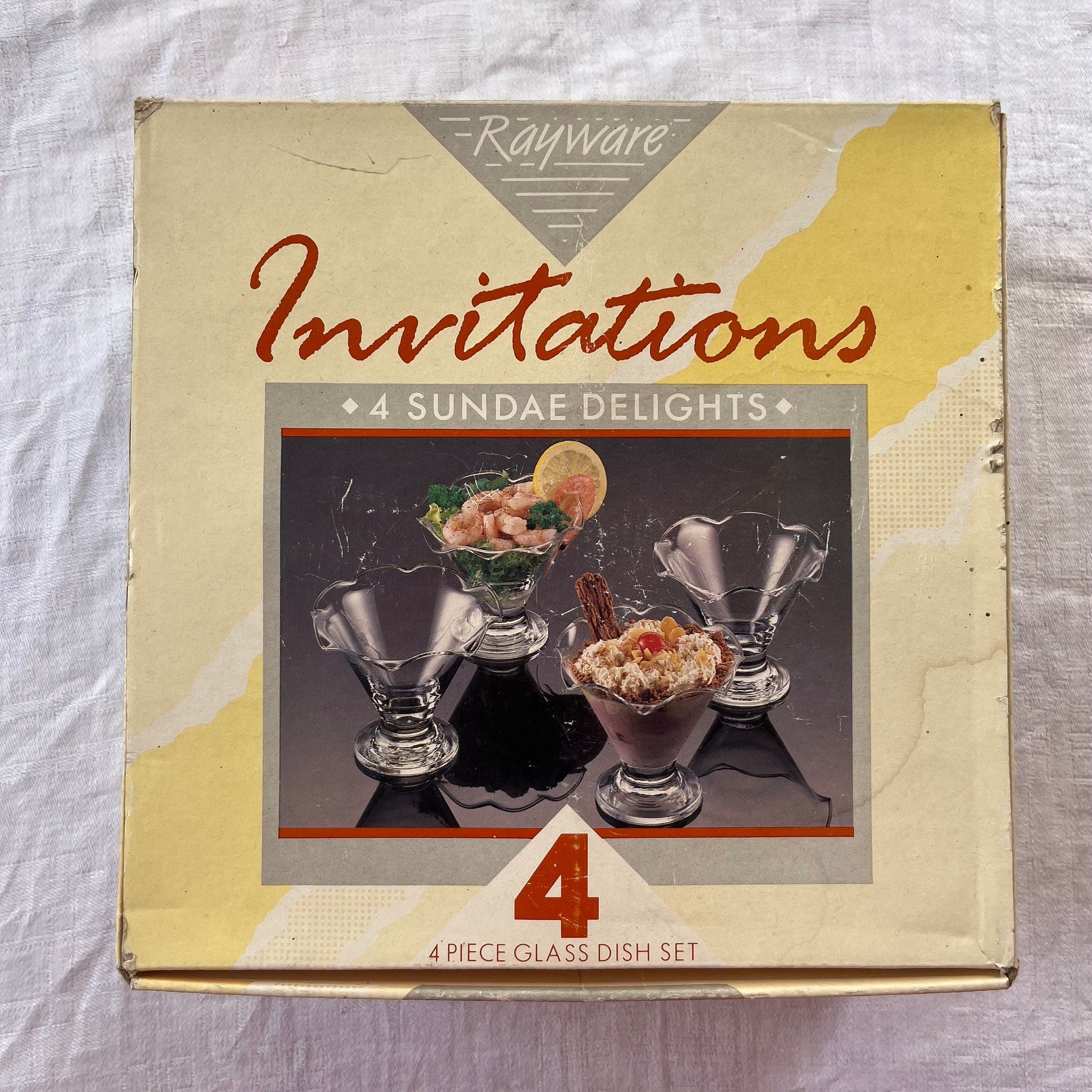 Sundae dishes clear glass with Rayware logo on boxed set