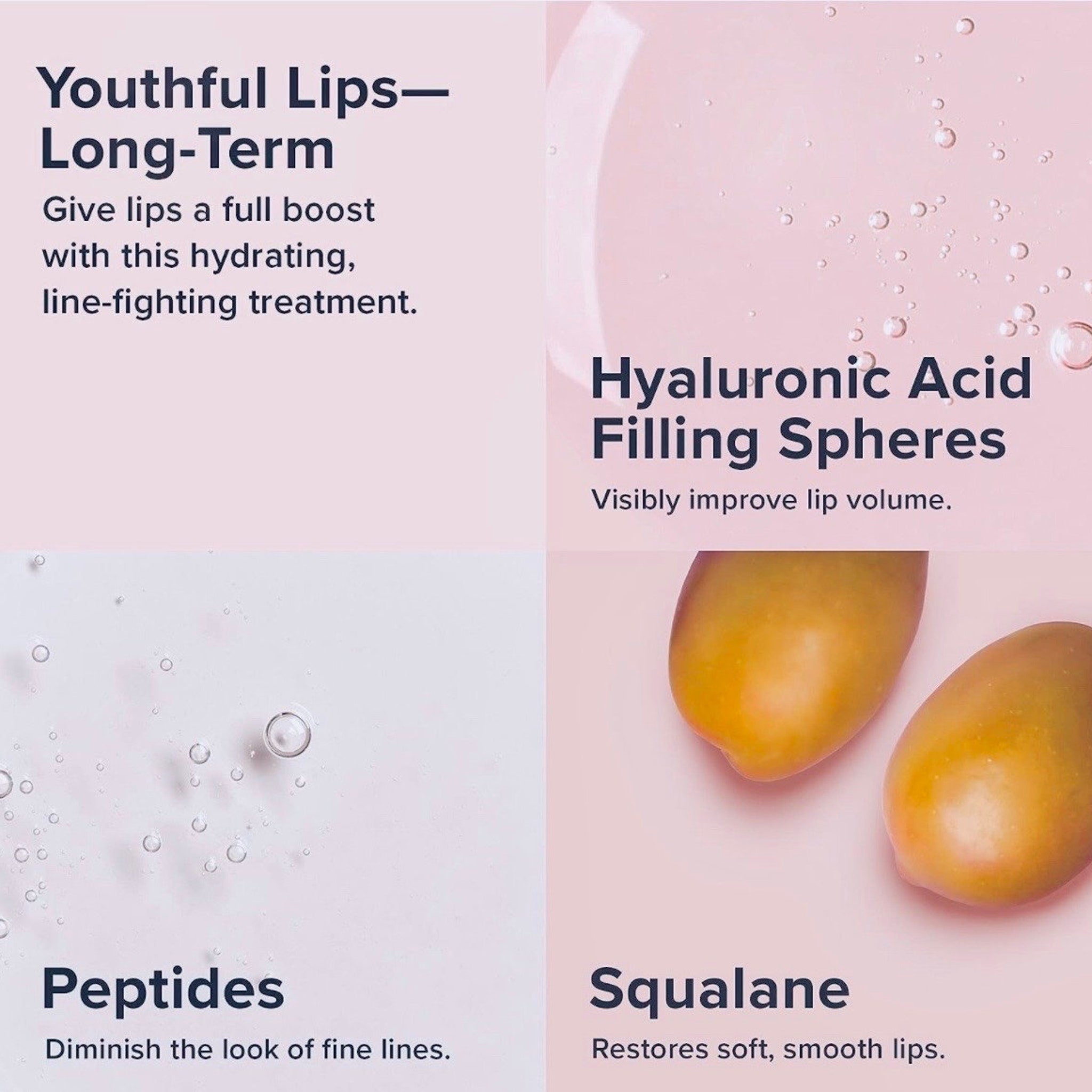 Lip treatment product with pink and white background, clear liquid, and two yellow spheres