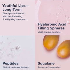 Lip treatment product with pink and white background, clear liquid, and two yellow spheres