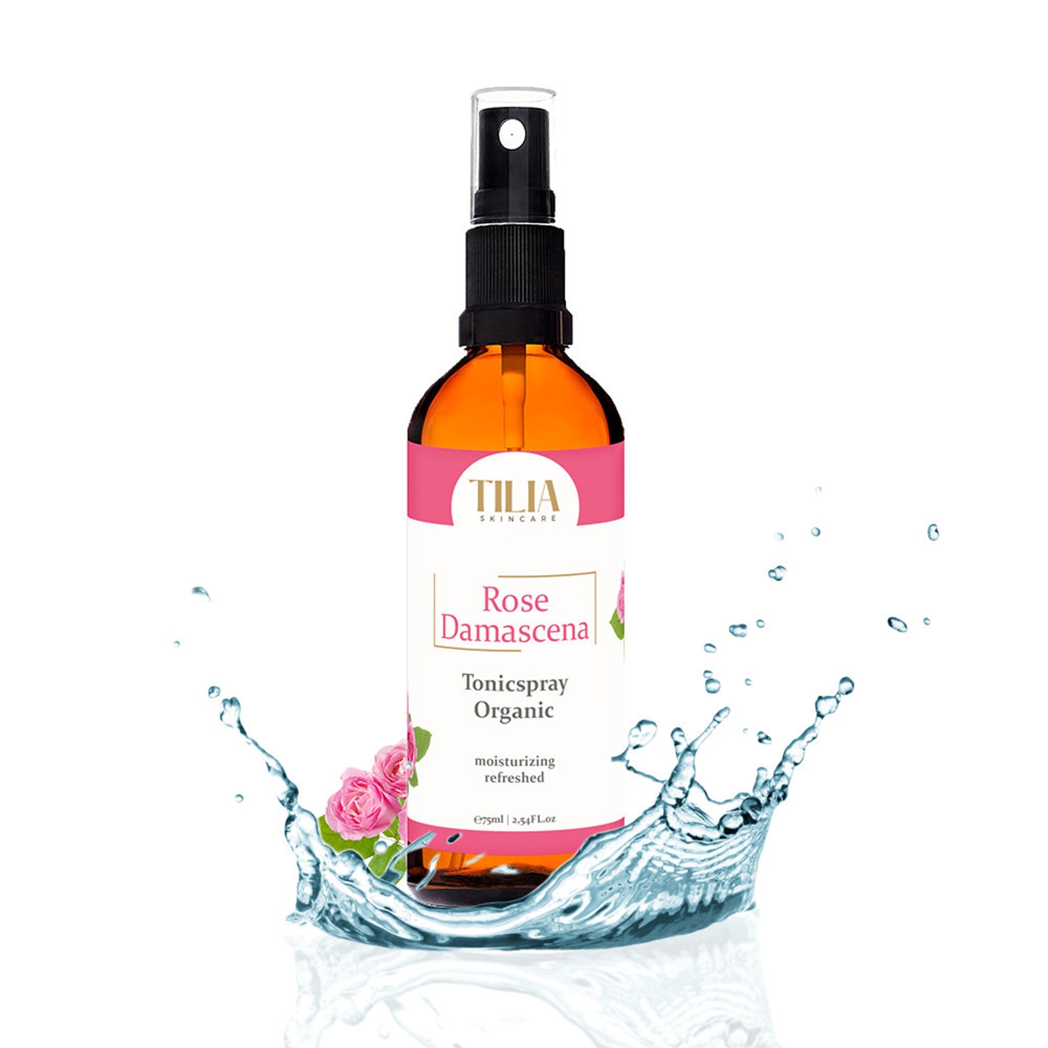 Tonic spray bottle with brown glass, black pump, and pink label, TILIA Skincare brand