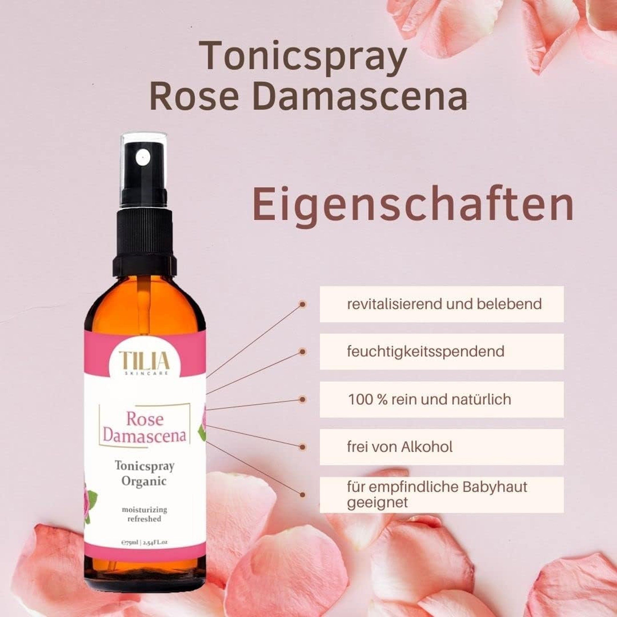 Tonic spray bottle with brown glass, black pump, and pink label, TILIA skincare brand