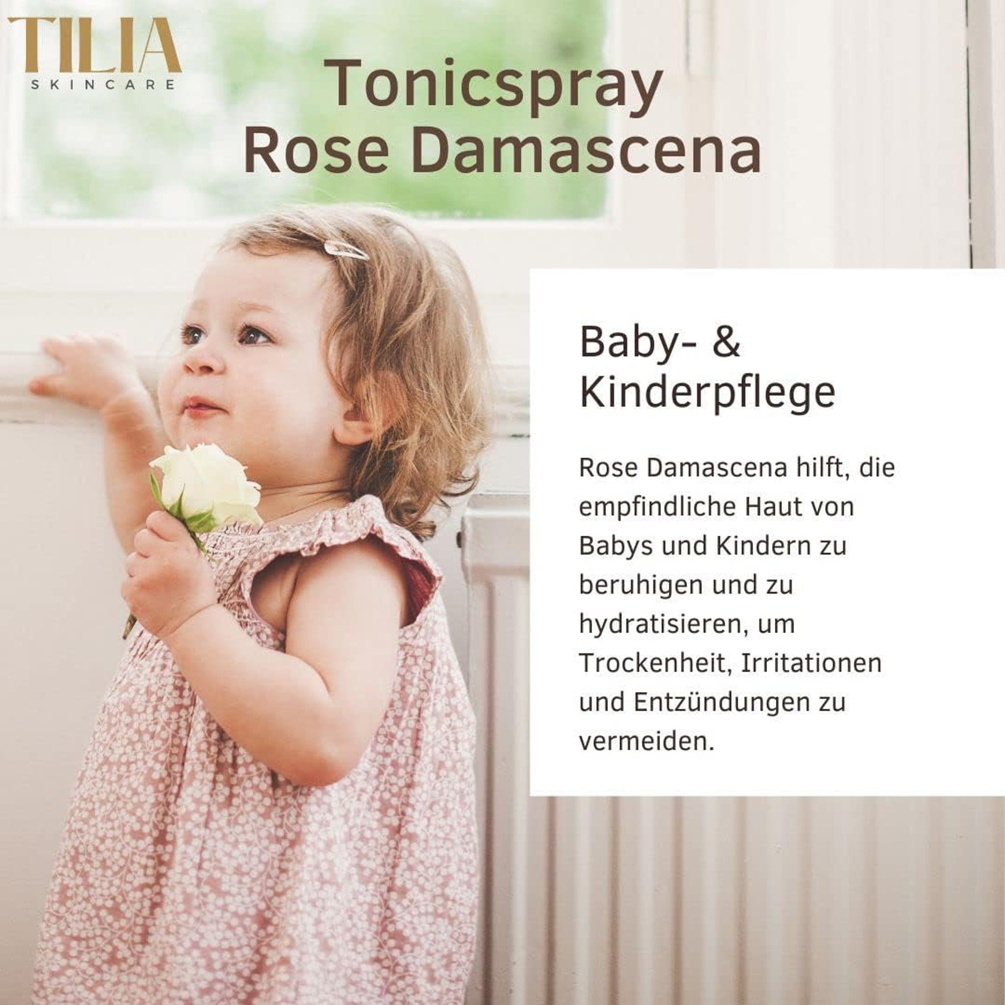 Tonic spray bottle with baby in pink floral dress, TILIA skincare visible, for baby use
