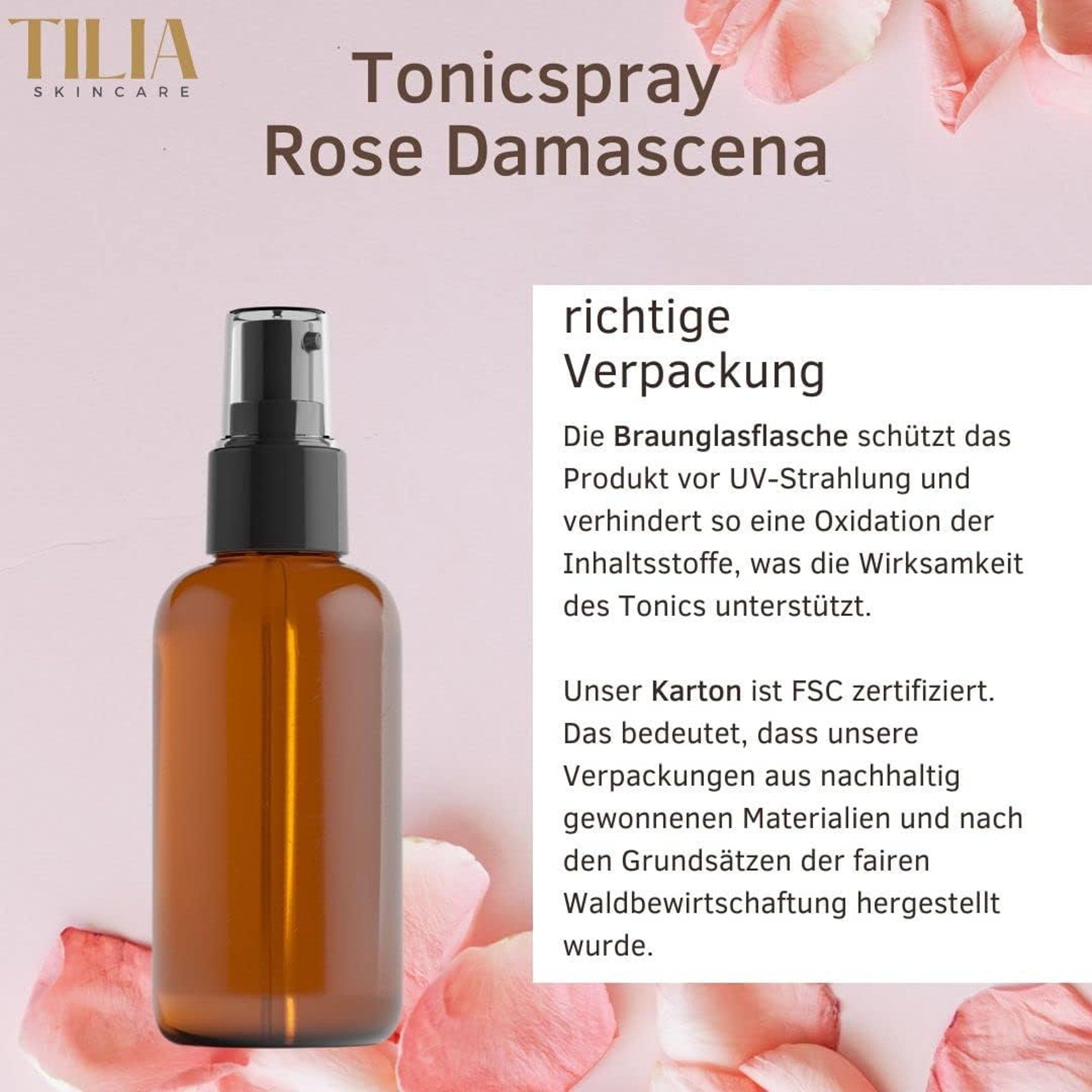 Tonic spray bottle, brown glass, black pump, TILIA skincare product